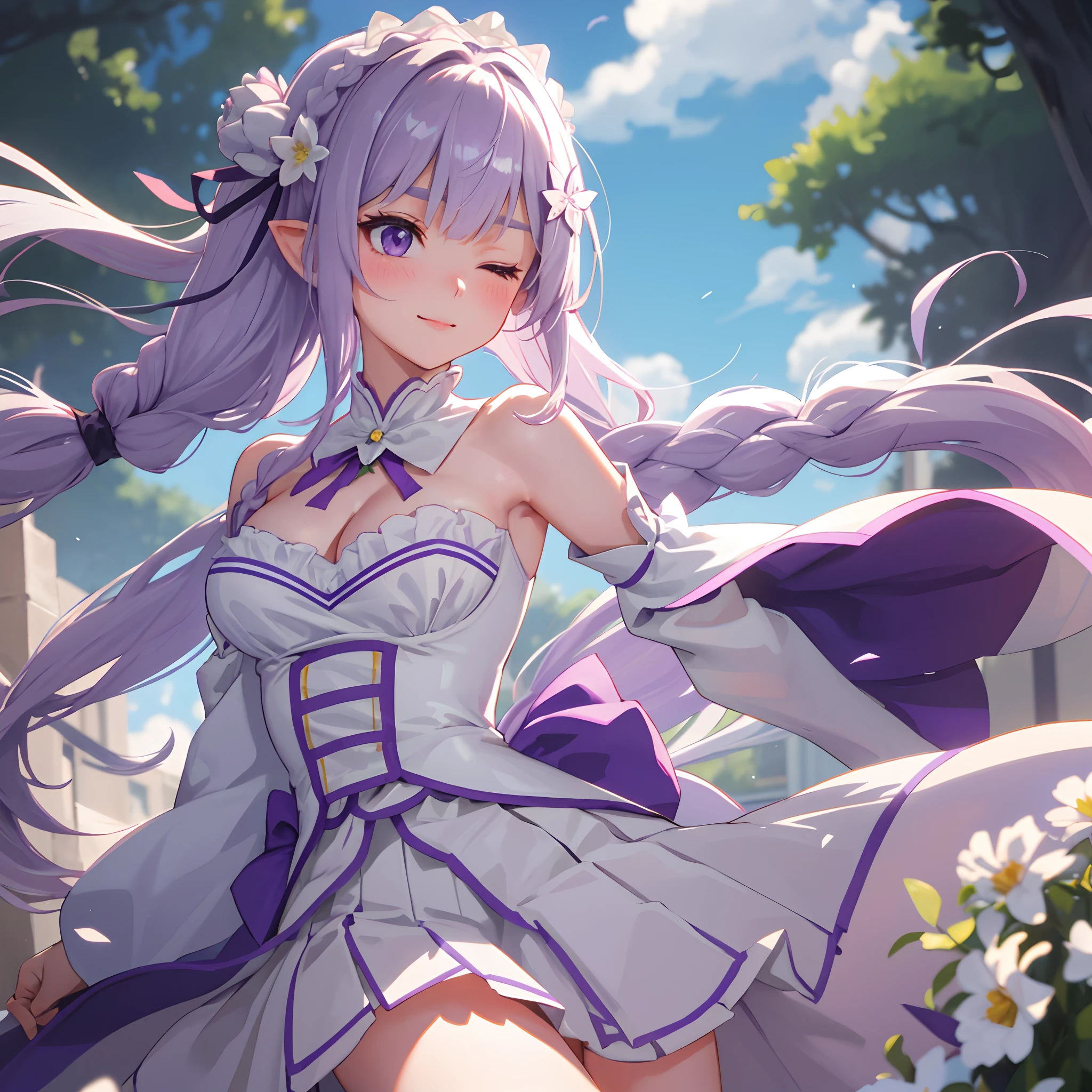 top-quality、hight resolution、ultra-detailliert、Emilia、Emilia Masterpiece、top-quality、 1girl in, bangss, Bare_shoulders, blunt_Bangs, bblurry, Blurry_Background, Blurry_Foreground, red blush, Braids, breastsout, cleavage of the breast, Closed_Mouth, clouds, diadems_braid, tag, Depth_in the_field, Detached_sleeves, doress, Emilia_\(Re:Staynight\), eyebrows_Visible_through_hair, florals, Pedras preciosas, hair_flower, hair_ornament detached, hair_bow ribbon, lens_f lare, long_hair, up looking_で_viewer, low-tied_long_hair, Medium_breasts, One_eye_Closed, plein air, pleats_Skirt, spiky_Ears, Purple_Eyes, Purple_bow ribbon, bow ribbon, Silver_hair, skirt by the, Skysky, A smile, 独奏, very_long_hair, white_flower