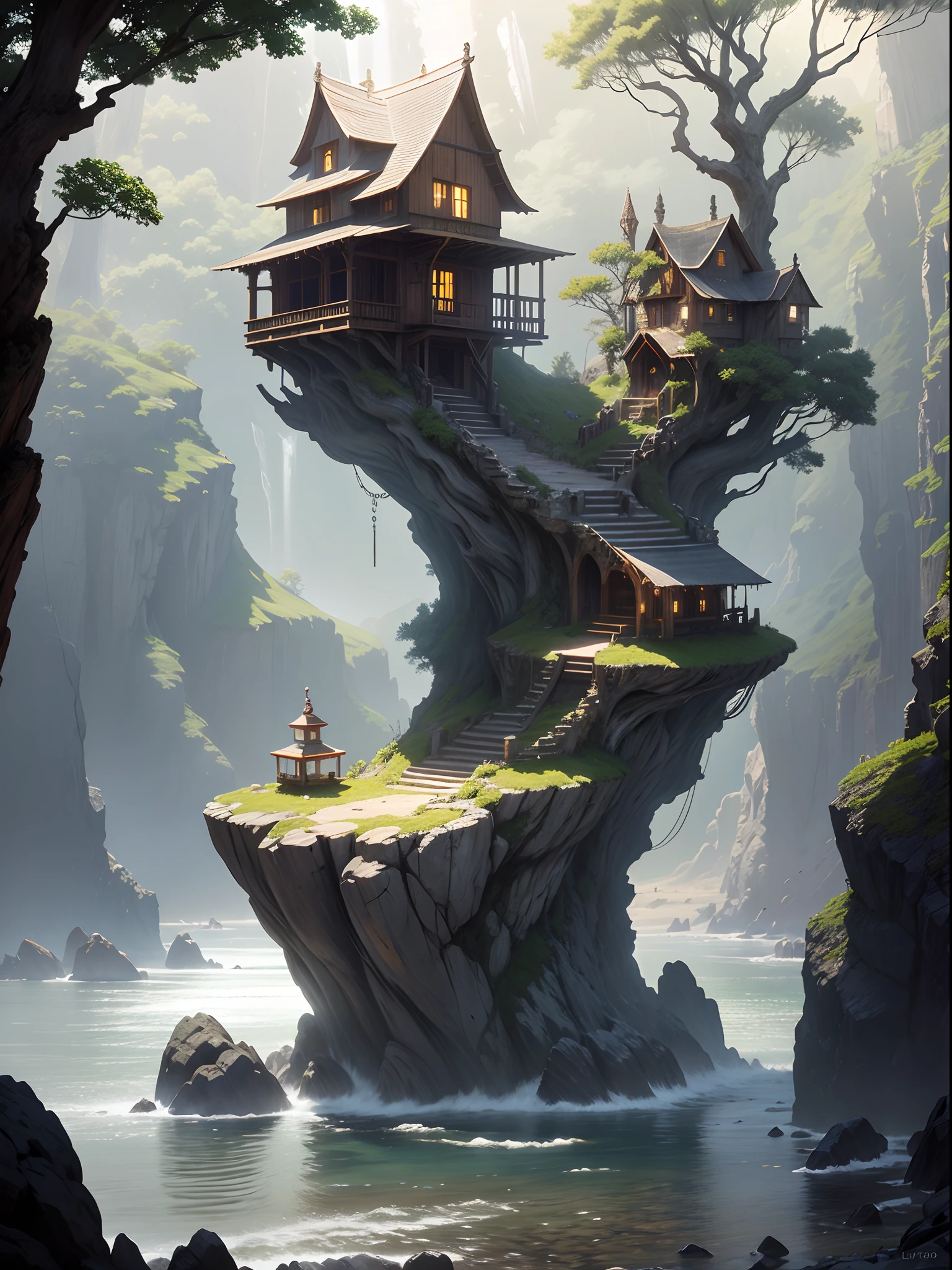 ((art by Luis Royo)) a tree house built on a rock by the ocean, biomorphic, rope bridge, ultra quality, realistic light, realistic shadows, path tracing, ray tracing, radiosity, ambient occlusion, volumetric lighting, specular reflection, diffuse reflection, lumen reflections, glare, global illumination, realistic light, realistic shadow, lens flare, crepuscular rays, volumetric fog, rule of thirds