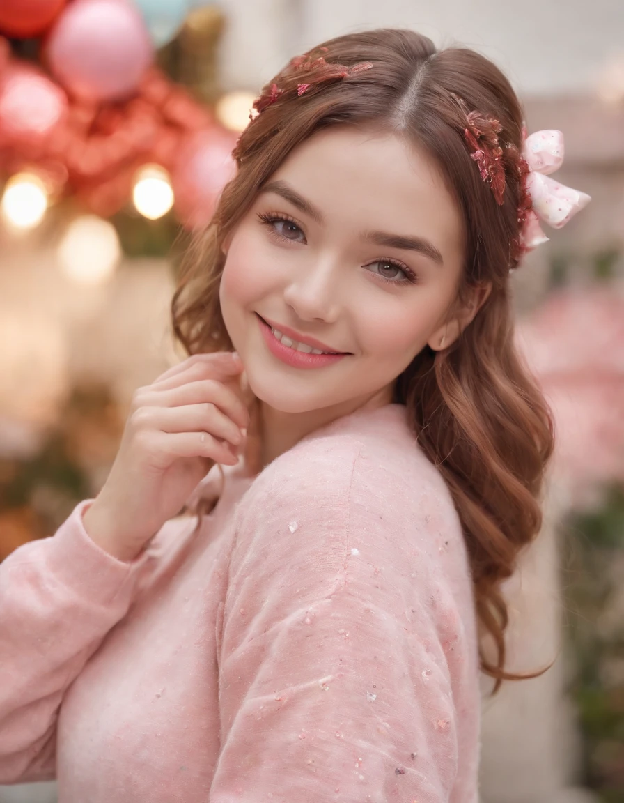 A photo of a young woman with a contagious smile, her cheeks adorned with rosy blush. She wears a vibrant, pastel-colored sweater adorned with cute animal patches. Her hair is styled in playful pigtails, tied with colorful ribbons. The background features a backdrop of oversized, whimsical candies and sweets, creating an atmosphere of delightful charm