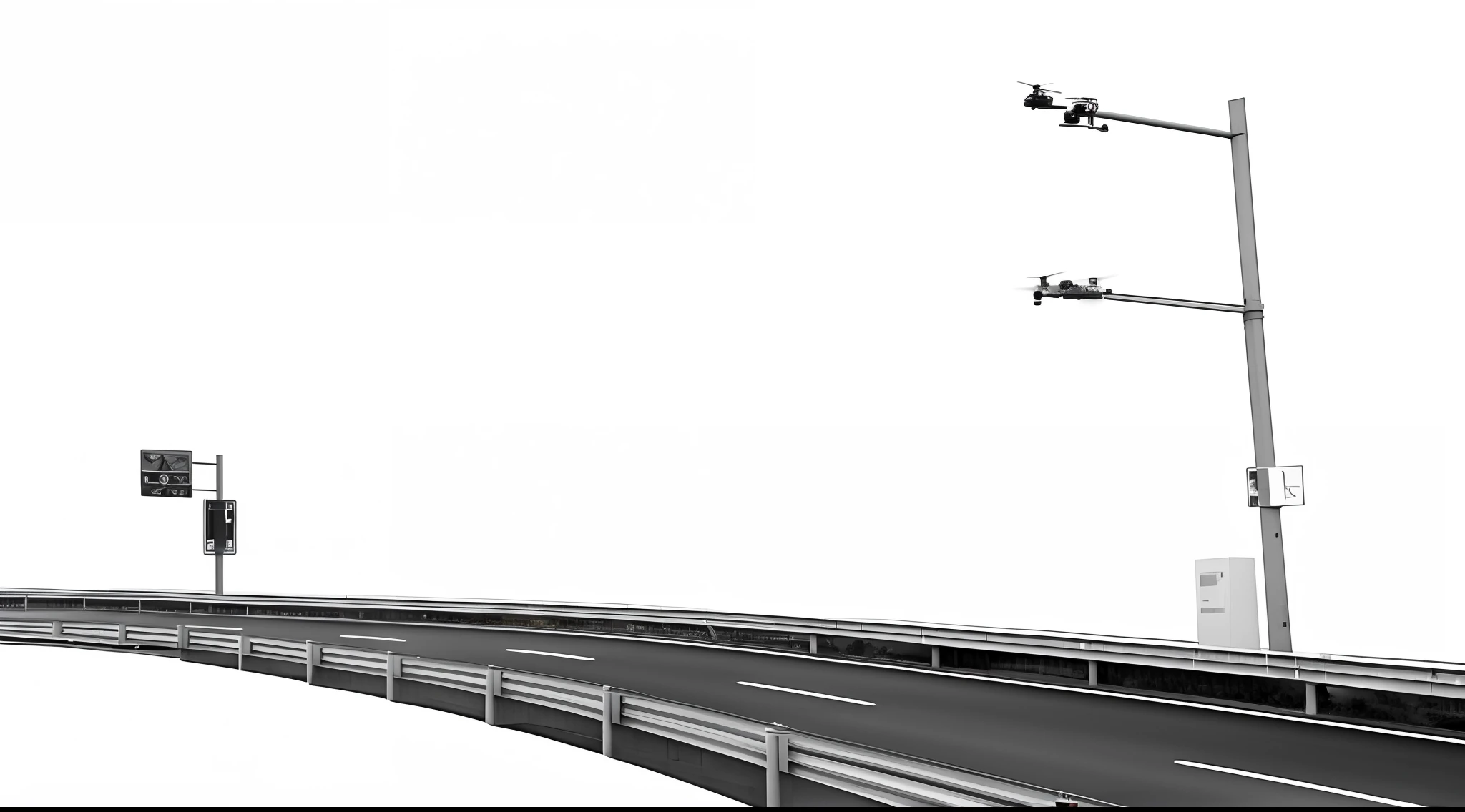 There is a black-and-white photo of a bridge with traffic lights, Drone track, artwork about a road to freedom, advanced highway, flying cars, lots of flying cars, highways, highways, Flying vehicles, center straight composition, floating cars, drones, infrastructure, Wallpaper phone, high resolution, high resolution, running track, phone background, wallpaper mobile