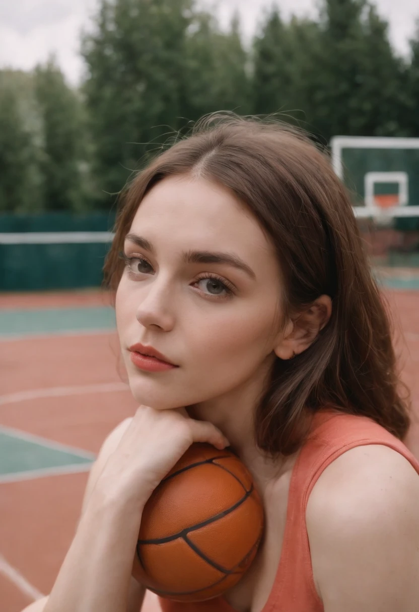 2000s fashion, high-angle photo, shot with Fujicolor C200, capturing a girl sitting down on a basketball court as a backdrop, colorful melancholy, flickr, associated press photo,upper body