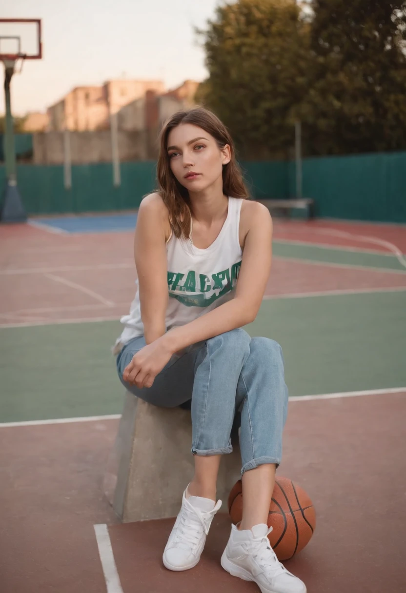 2000s fashion, high-angle photo, shot with Fujicolor C200, capturing a girl sitting down on a basketball court as a backdrop, colorful melancholy, flickr, associated press photo,upper body