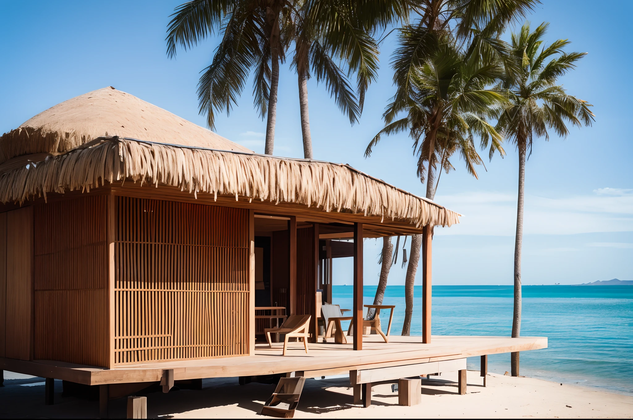 the sky is blue, there is a tiny island in the middle of the ocean, there is a modern beach house with wooden cladding, there are some palm trees on the tiny island, 8K, high resolution