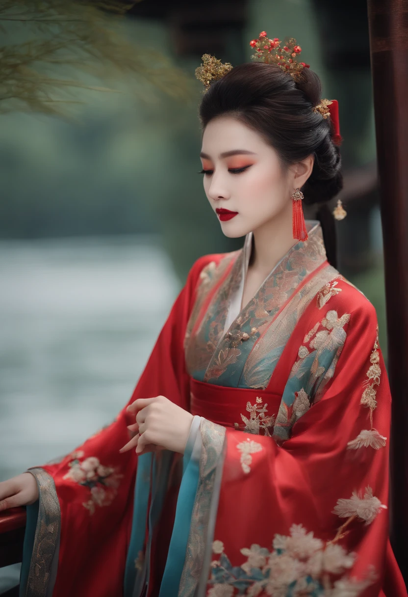 Empress of the Qing Dynasty, A nude woman wearing a red floral Hanfu jacket, Squat down with your legs wide apart, Front view, Inside the Qing Dynasty Palace