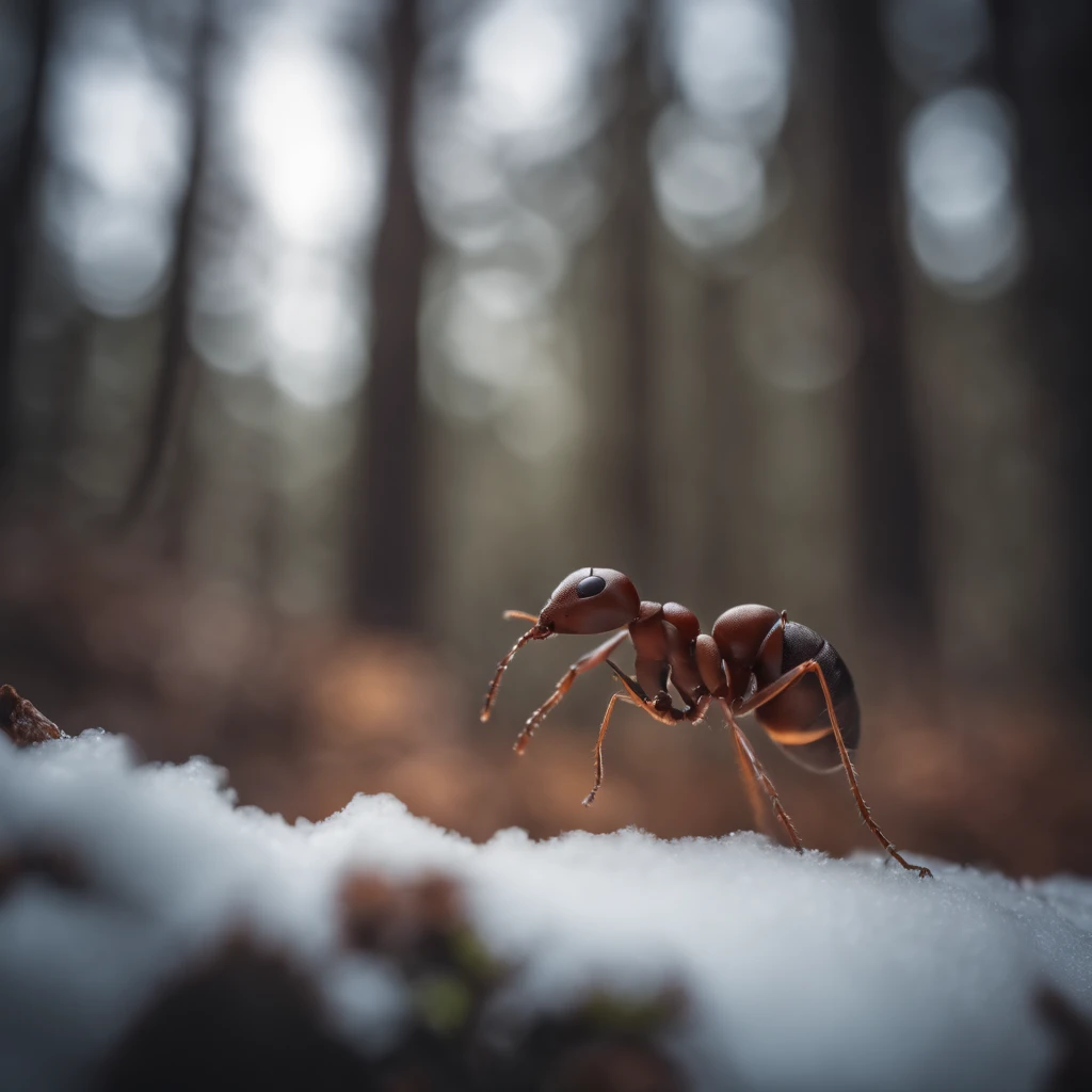 an ant in the snowy forest