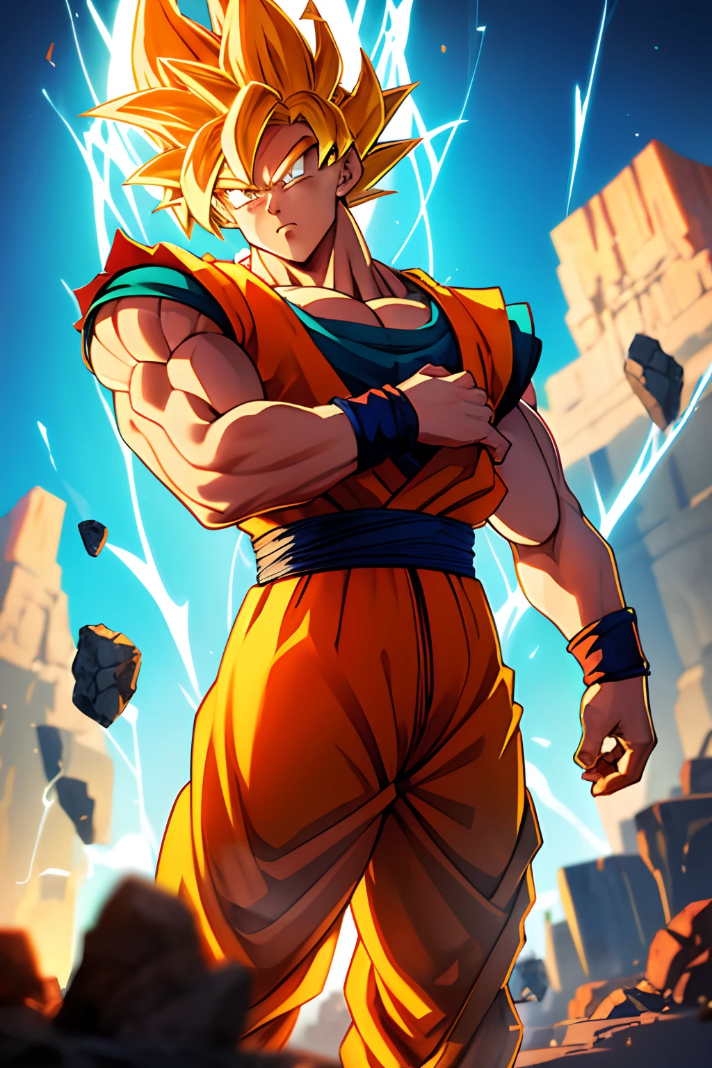 goku (dragon ball z), super saiyan 2 transformation, orange mountains background, serious face, big body, muscular body, yellow colored hair, green colored eyes, damaged clothes, dragon ball goku clothes, orange and blue colored clothes, goku combat pose, anime art style, dragon ball art style, sunshine, orange sun light coming from behind, camera near him, alone environment, golden aura, small blue lightning near him, sharp colors, vibrant colors, flying little rocks near him, grey smoke near him