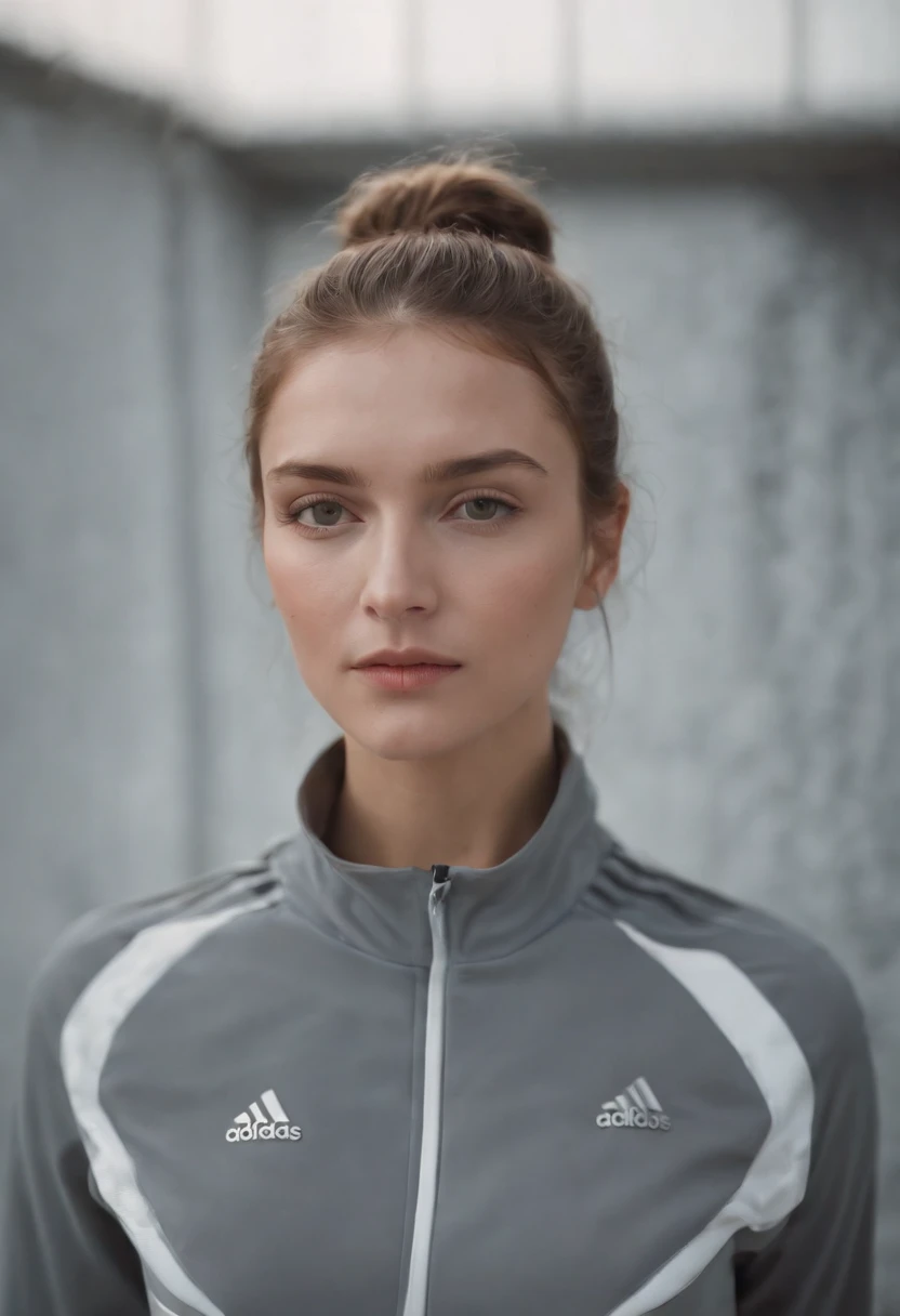 la luz adidas tracksuit, aditracksuit, in the style of dusseldorf school of photography, pensive portraiture, kodak portra, Rafal Olbinski, jean nouvel, photo taken with provia, silver,upper body