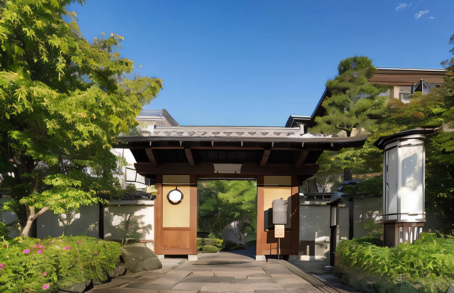 There is a door leading to a courtyard，There is a clock on it, inspired by Tōshi Yoshida, Japanese style houses, ryokans and edo era houses, high-end onsen, Japanese architecture, inspired by Itō Jakuchū, Ancient Japanese architecture, Japanese style, edo style, inspired by Sesshū Tōyō，CG concept art，Anime landscapes