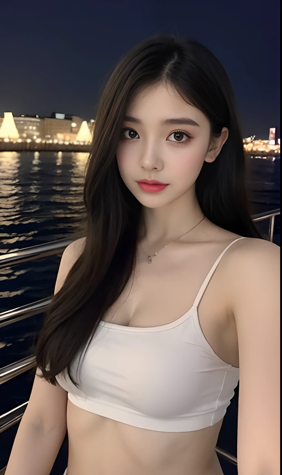 (Original photo of 8K,best qualtiy,tmasterpiece:1.2),(Medium view),the night,Night on a yacht,Sea and night view in the background,best qualtiy,tmasterpiece,(Small mouth:1.2),short- sleeved,short- sleeved,short- sleeved,short- sleeved,an extremely delicate and beautiful one,,astounding,finely detailled,tmasterpiece,Best quality at best,(age 22:1.2),Narrow waist,Slim,is shy,Pure,adolable,Bushy hair,Soft hair,big breasts beautiful,A detailed eye,(long whitr hair:1.2)
