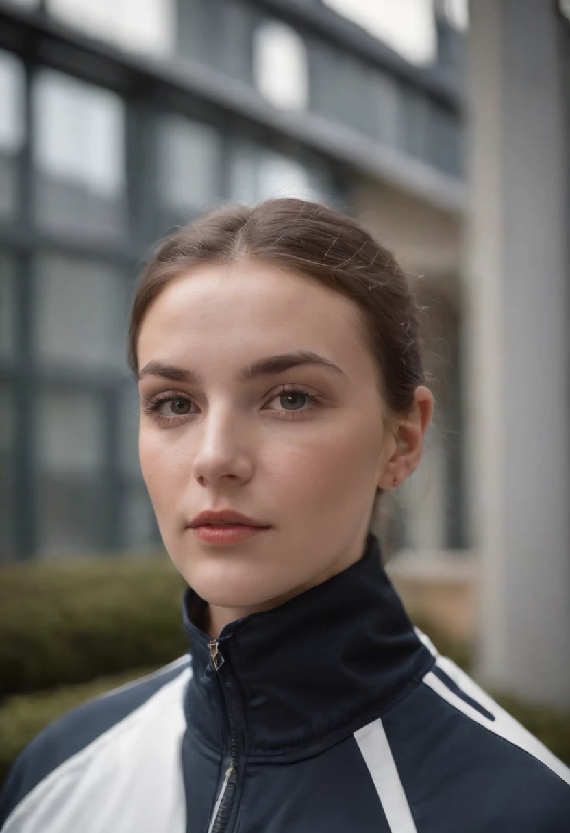 tracksuit, in the style of dusseldorf school of photography, pensive portraiture, kodak portra, Rafal Olbinski, jean nouvel, photo taken with provia, silver,upper body