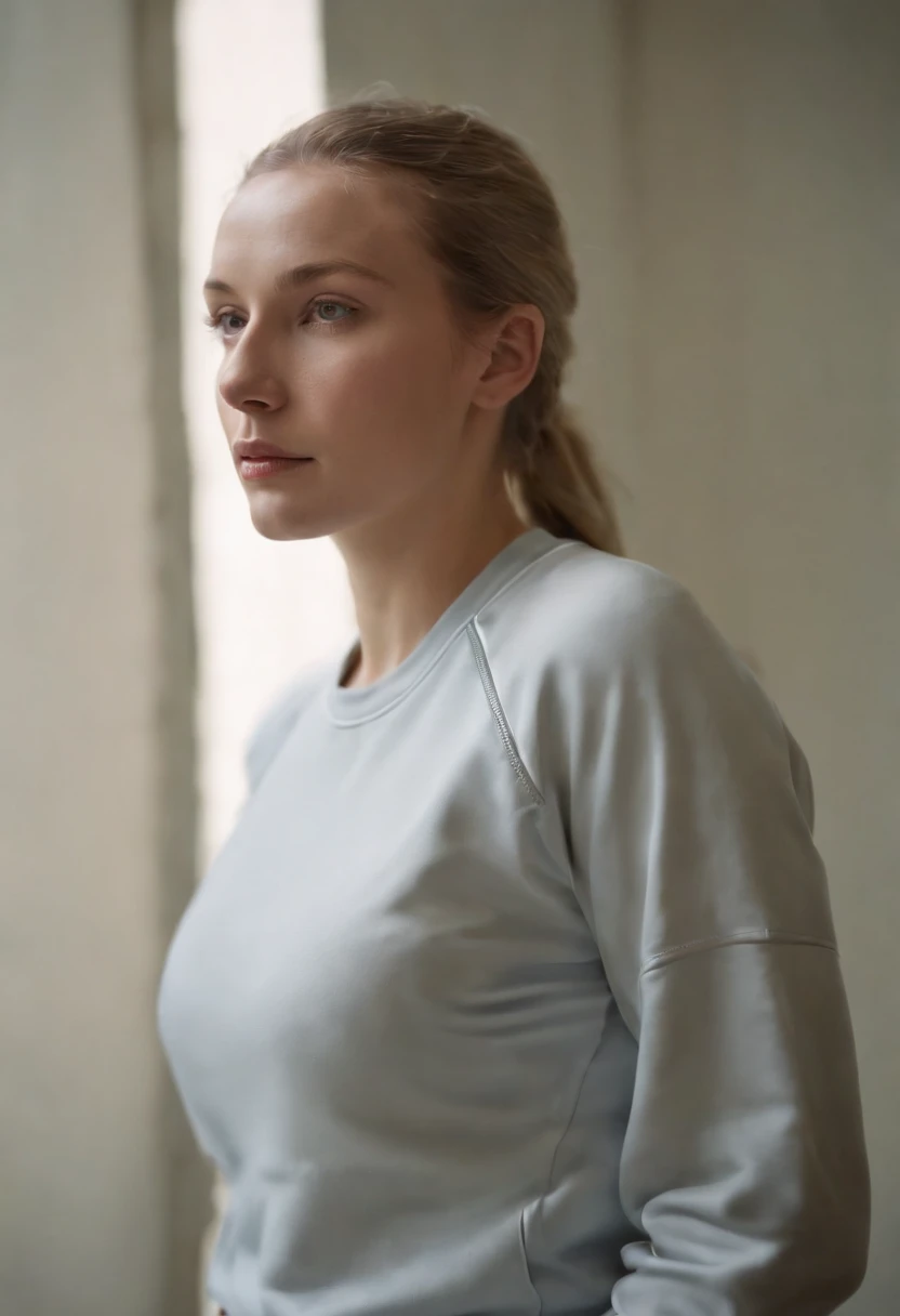 tracksuit, in the style of dusseldorf school of photography, pensive portraiture, kodak portra, Rafal Olbinski, jean nouvel, photo taken with provia, silver,upper body