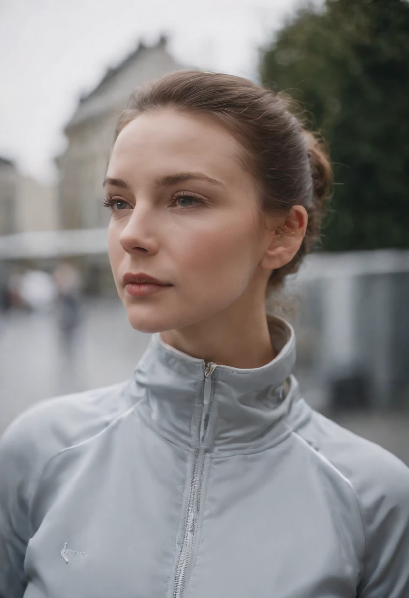tracksuit, in the style of dusseldorf school of photography, pensive portraiture, kodak portra, Rafal Olbinski, jean nouvel, photo taken with provia, silver,upper body