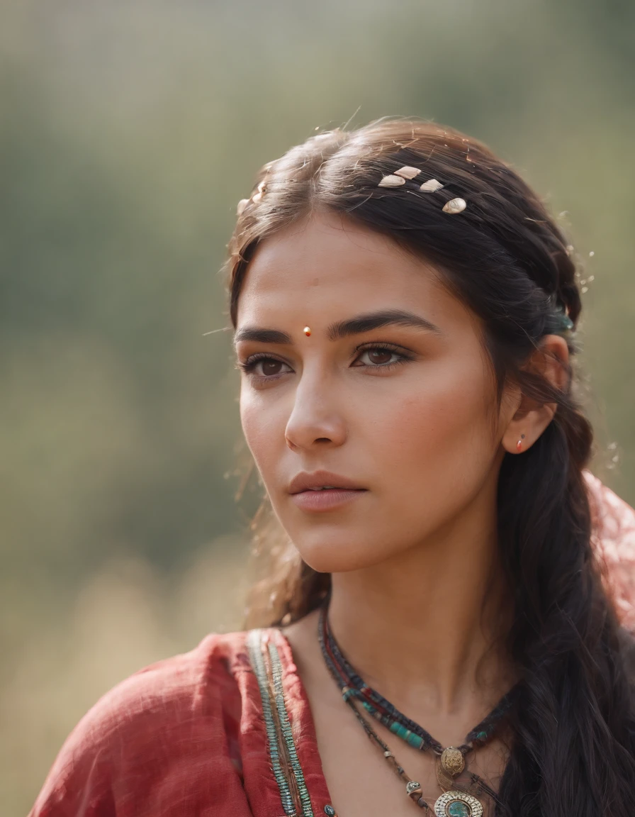 1girl,(8k, best quality, masterpiece, ultra highres:1.2),native american tribe warrior, red ancient shirt, upper body shot, paint face,strong, gazing eyes, highly detailed face, cinematic still, desert background, deep depth of field, bokeh effect, wide angle