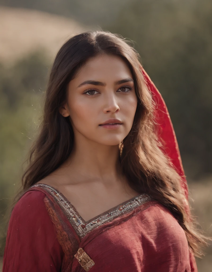 1girl,(8k, best quality, masterpiece, ultra highres:1.2),native american tribe warrior, red ancient shirt, upper body shot, paint face,strong, gazing eyes, highly detailed face, cinematic still, desert background, deep depth of field, bokeh effect, wide angle