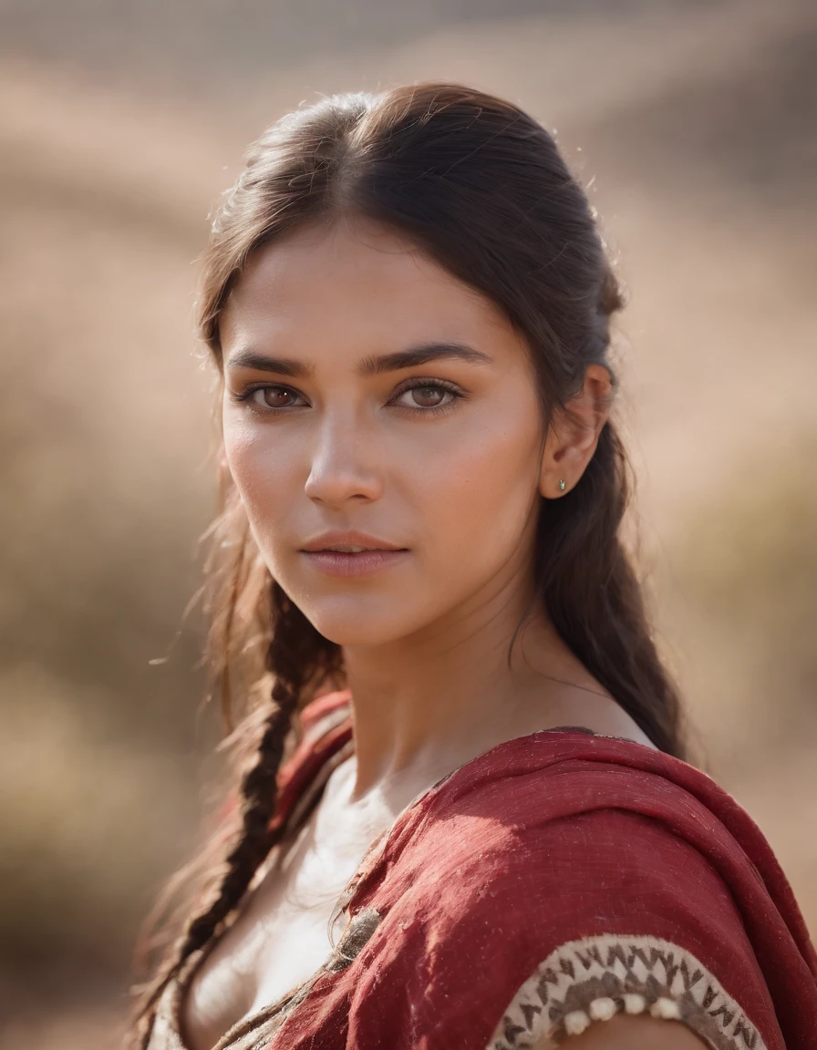 1girl,(8k, best quality, masterpiece, ultra highres:1.2),native american tribe warrior, red ancient shirt, upper body shot, paint face,strong, gazing eyes, highly detailed face, cinematic still, desert background, deep depth of field, bokeh effect, wide angle