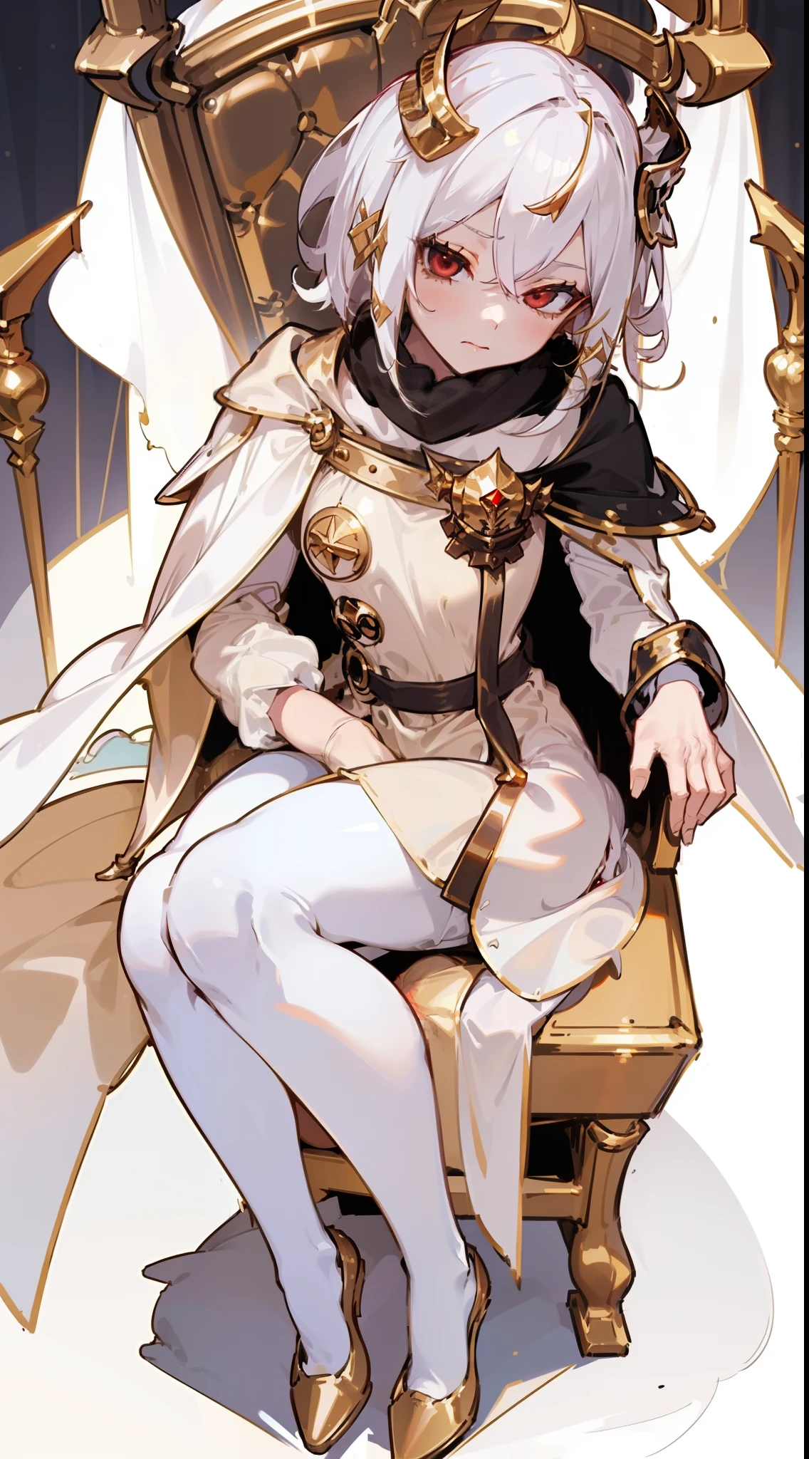 1girl,20 years,solo,serious,white and golden short dress,medium tits,white hair,short hair,red eyes,elves ears,white pantyhose,golde tiara,Detailed ,gold high heels,up view,(((long cape))),(((sitting on the throne in golden castle)))