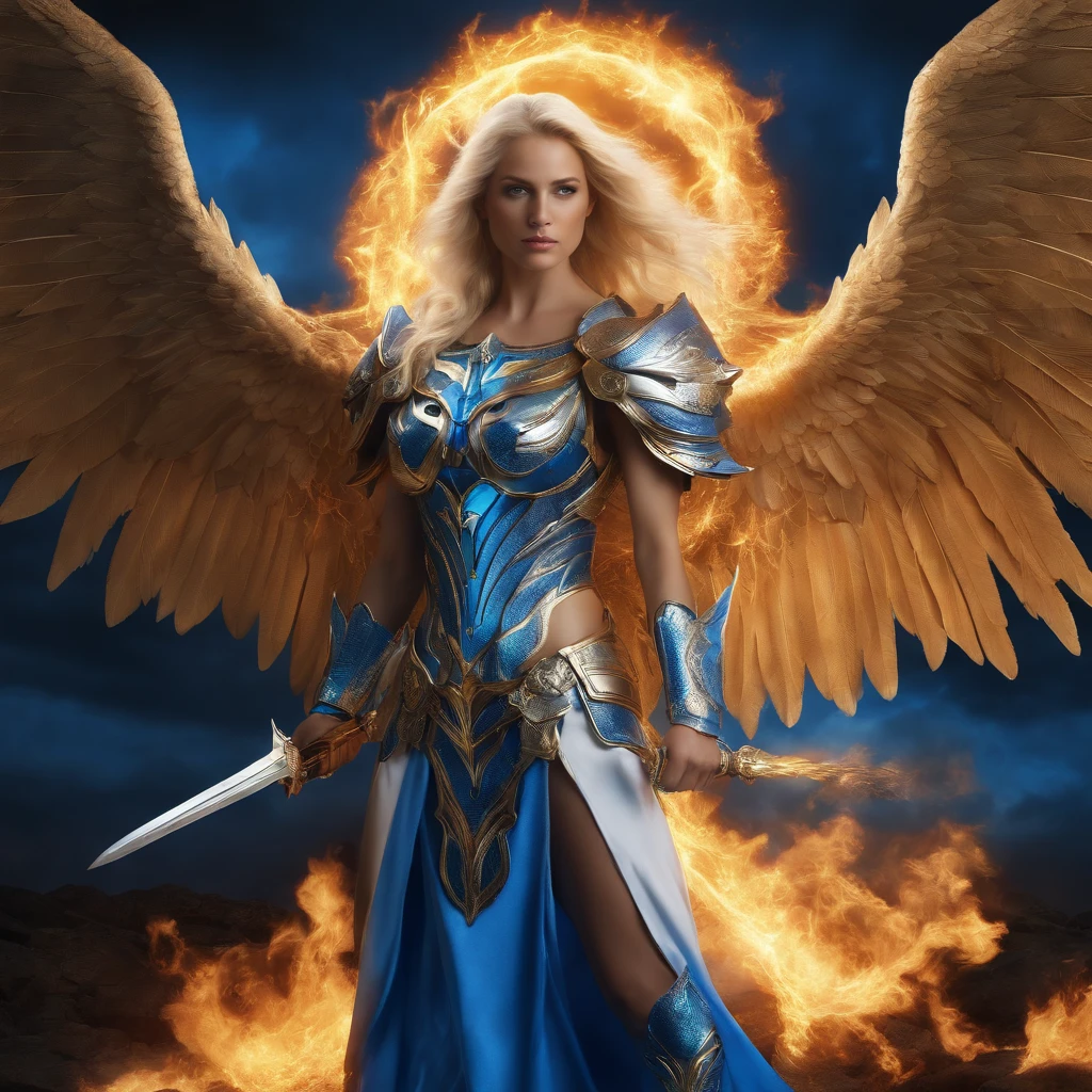 best quality, 4k, (sharp focus:1.1), realistic detail, angel with blonde hair, fantasy, fantasy portrait, fire, (wings made of blue fire:1.3), weapon made of blue hell fire, white and gold and blue engraved metal armor, halo made of fire, night sky,