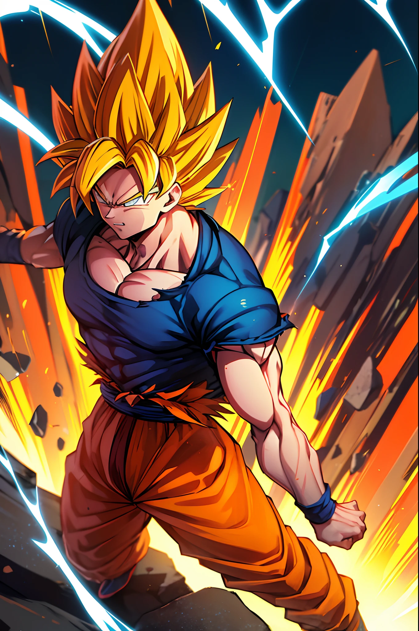 goku (dragon ball z), super saiyan 2 transformation, orange mountains background, serious face, big body, muscular body, yellow colored hair, green colored eyes, damaged clothes, dragon ball goku clothes, orange and blue colored clothes, goku combat pose, anime art style, dragon ball art style, sunshine, orange sun light coming from behind, camera near him, alone environment, golden aura, small blue lightning near him, sharp colors, vibrant colors, flying little rocks near him, grey smoke near him