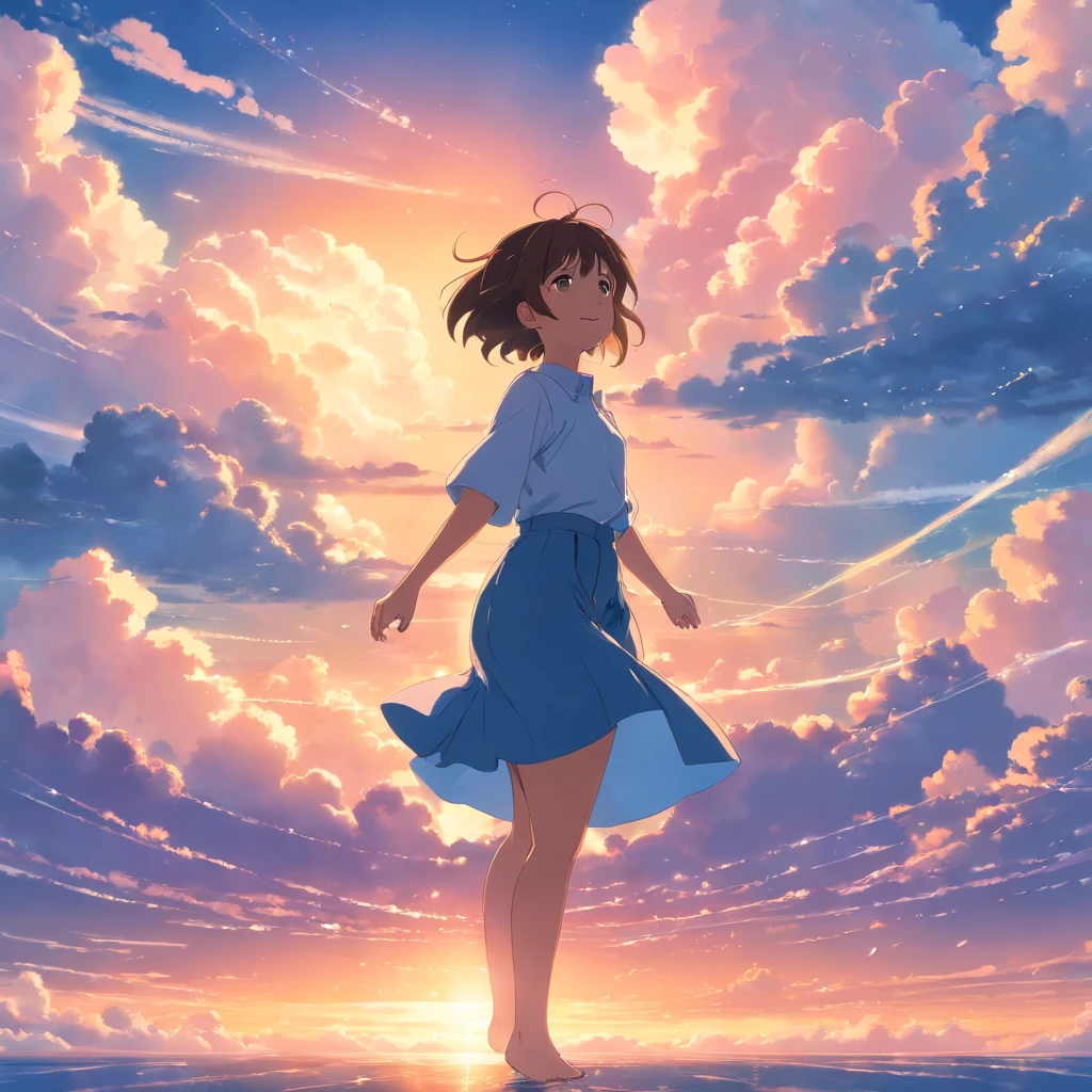 masterpiece, best quality, movie still, 1girl, cloud girl, floating in the sky, close-up, bright, happy, warm soft lighting, sunset, (sparks:0.7)