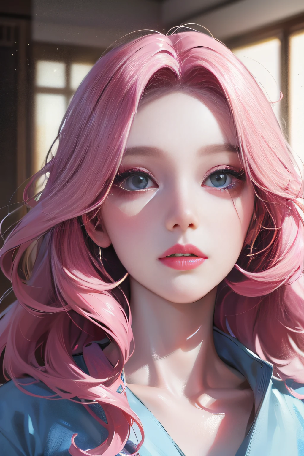 6-person dormitory, indoor environment, girl, delicate facial features, reddish face, official art, masterpiece, sharp focus, (beautiful gorgeous cute Korean woman: 1.3), (beautiful cute Korean: 1.3), Korean beauty, delicate beautiful hair and eyes and face, realistic, super detailed, beautiful girl, glowing white particles, (sidelighting: 1.2), foggy sky, slender, cute, brow furrowed, long straight hair, sexy facial expression, dynamic hair, Long straight hair, fine platinum-pink hair, glowing blue eyes, (blue pleated shirt + white skirt), white stockings, pale skin, hair accessories, , woman is tall ,