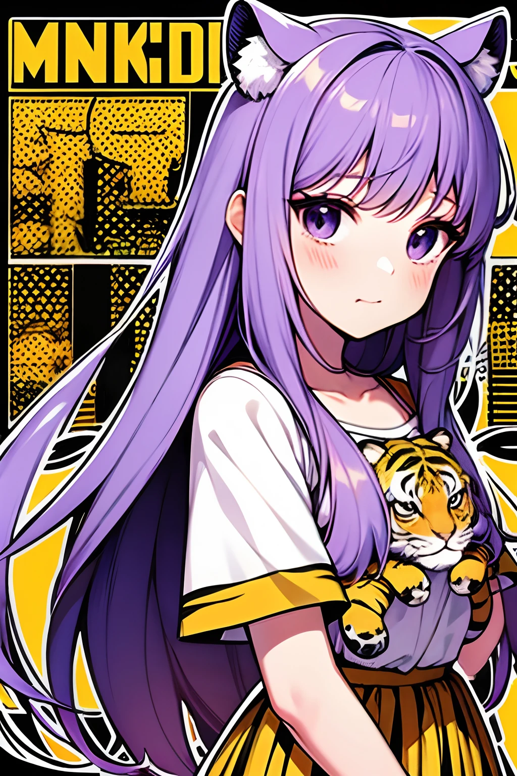 Manga girl with long hair、Tiger ears、pop-art、Manga Girl、Light purple hair、Holding the tiger with great care、Chibi Girl、Chibi no Toraka、Yellow and black stripes background、Princess dress with short sleeve