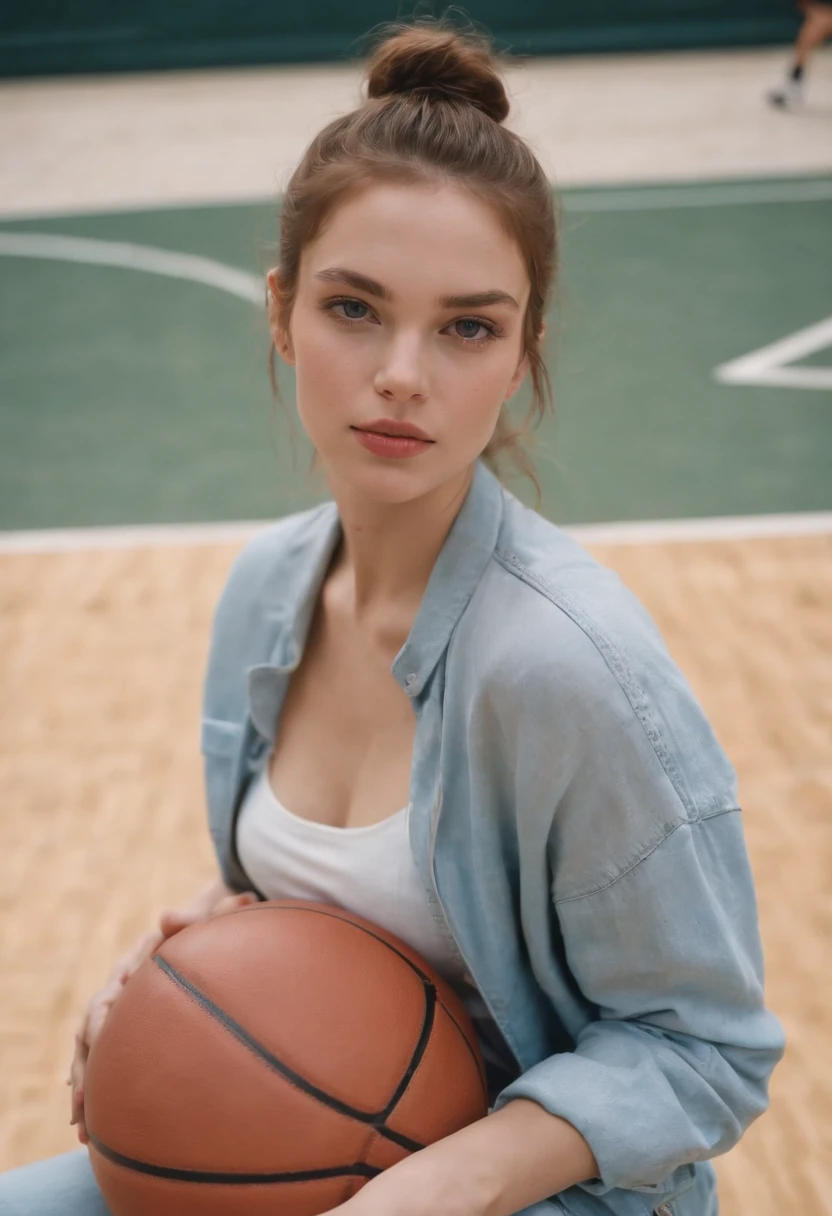 2000s fashion, high-angle photo, shot with Fujicolor C200, capturing a girl sitting down on a basketball court as a backdrop, colorful melancholy, flickr, associated press photo,upper body