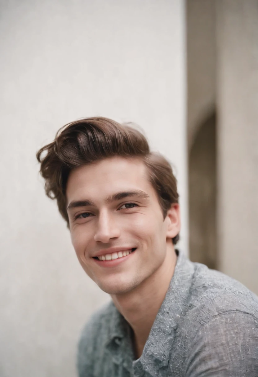 realistic photo, a young men smiling at a party, photography taken with flash, white background white wall of home portrait analog photography, grain film, vintage photo, in the style of lo-fi aesthetics . --ar 2:3 --v 5.1 50 --v 5.1 50 --s 2