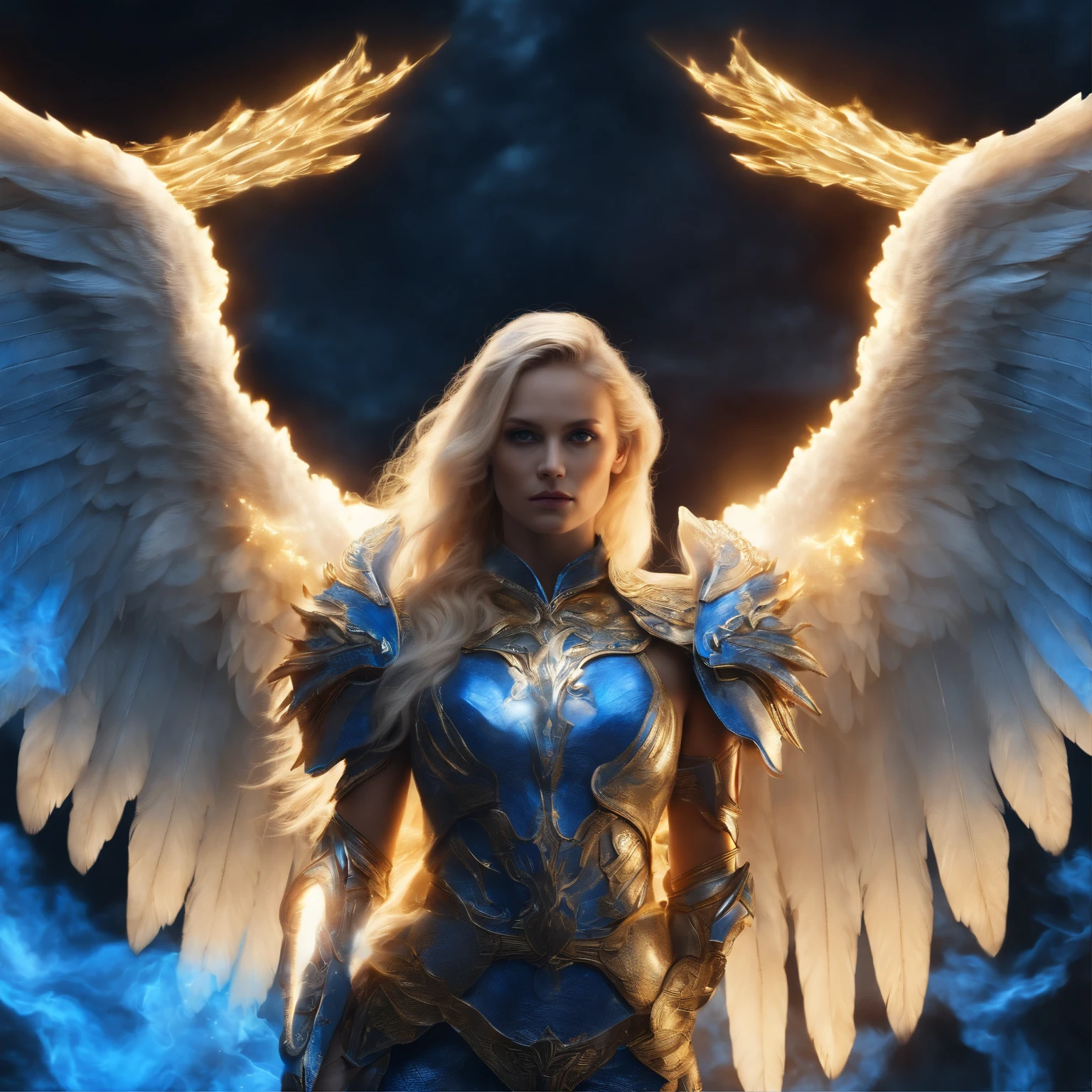 best quality, 4k, (sharp focus:1.1), realistic detail, angel with blonde hair, fantasy, fantasy portrait, fire, (wings made of blue fire:1.3), weapon made of blue hell fire, white and gold and blue engraved metal armor, halo made of fire, night sky,