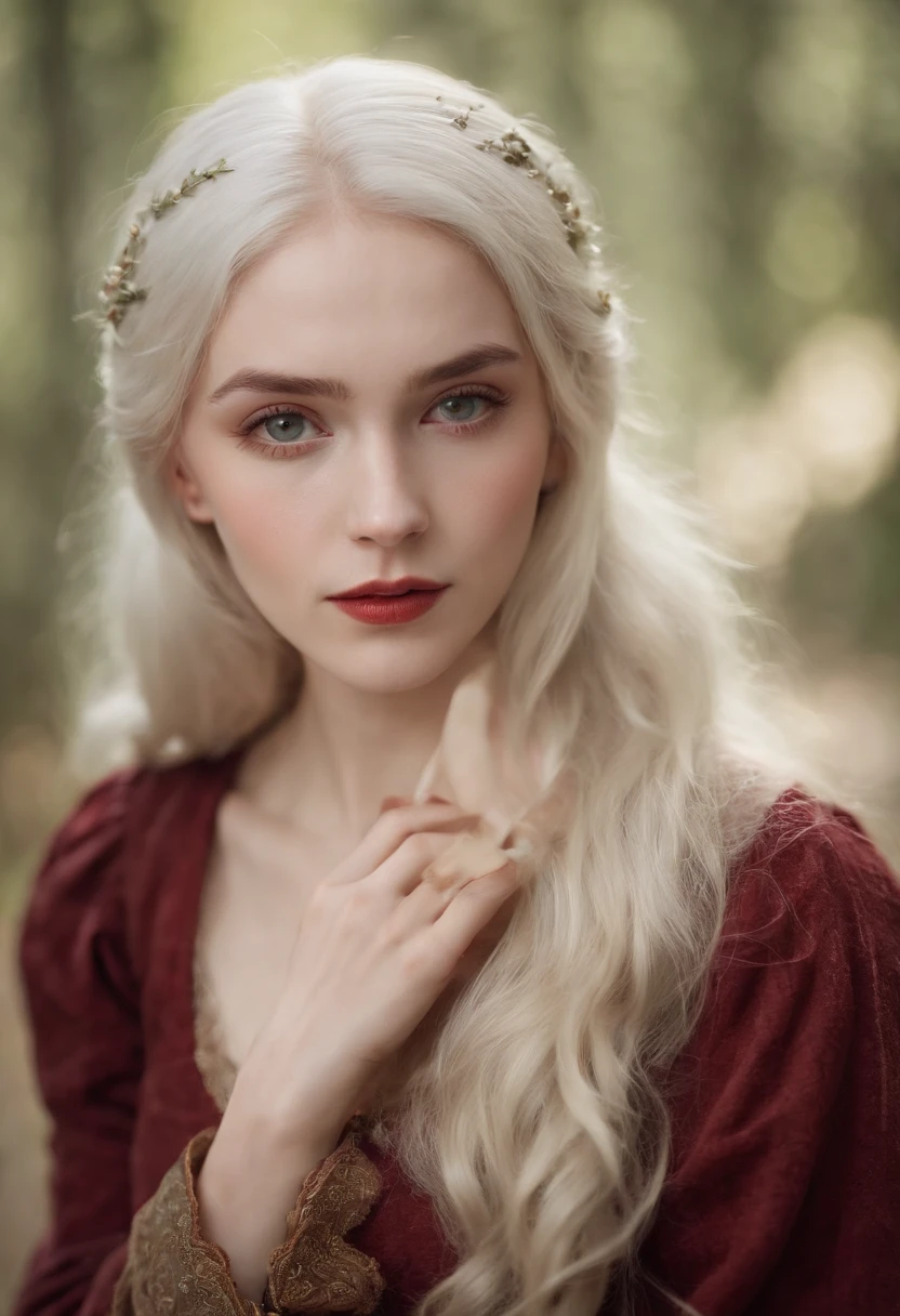 (((a deep reddish wound crosses her left cheek))) fair complexion, woman around 19 years old, natural white hair, distinctive green eyes, wearing kohl, slender and graceful, beautiful, candlelight in a medieval setting, ultra sharp focus, realistic shot, medieval female clothes, tetradic colors (scar:1.4)