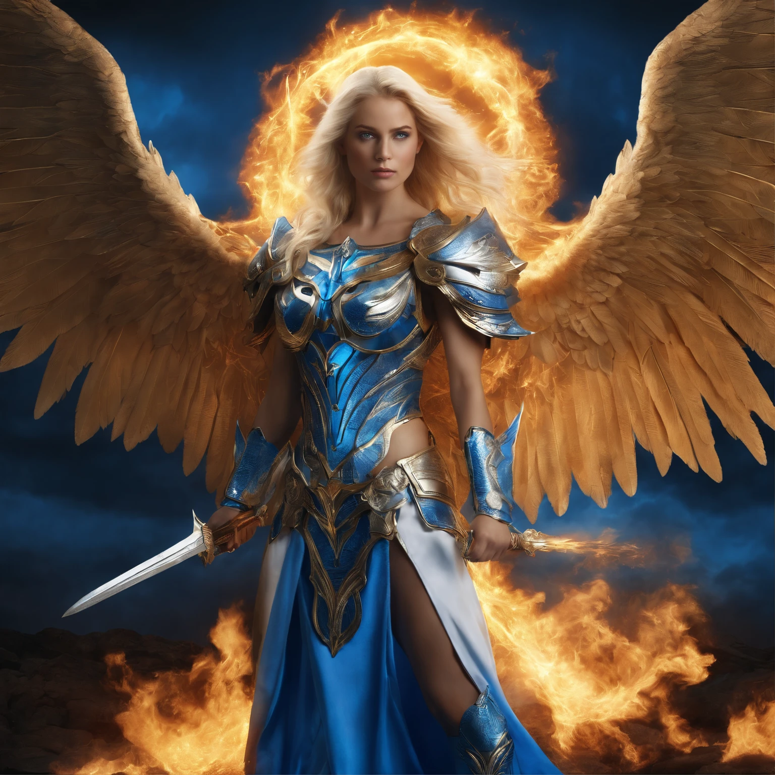 best quality, 4k, (sharp focus:1.1), realistic detail, angel with blonde hair, fantasy, fantasy portrait, fire, (wings made of blue fire:1.3), weapon made of blue hell fire, white and gold and blue engraved metal armor, halo made of fire, night sky,