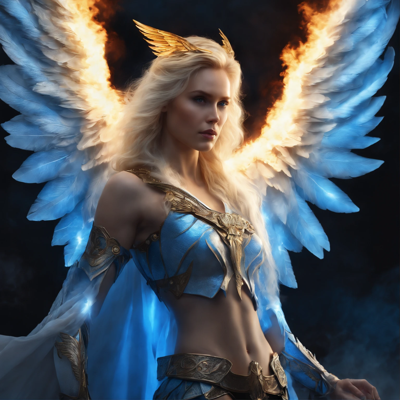 best quality, 4k, (sharp focus:1.1), realistic detail, angel with blonde hair, fantasy, fantasy portrait, fire, (wings made of blue fire:1.3), weapon made of blue hell fire, white and gold and blue engraved metal armor, halo made of fire, night sky,