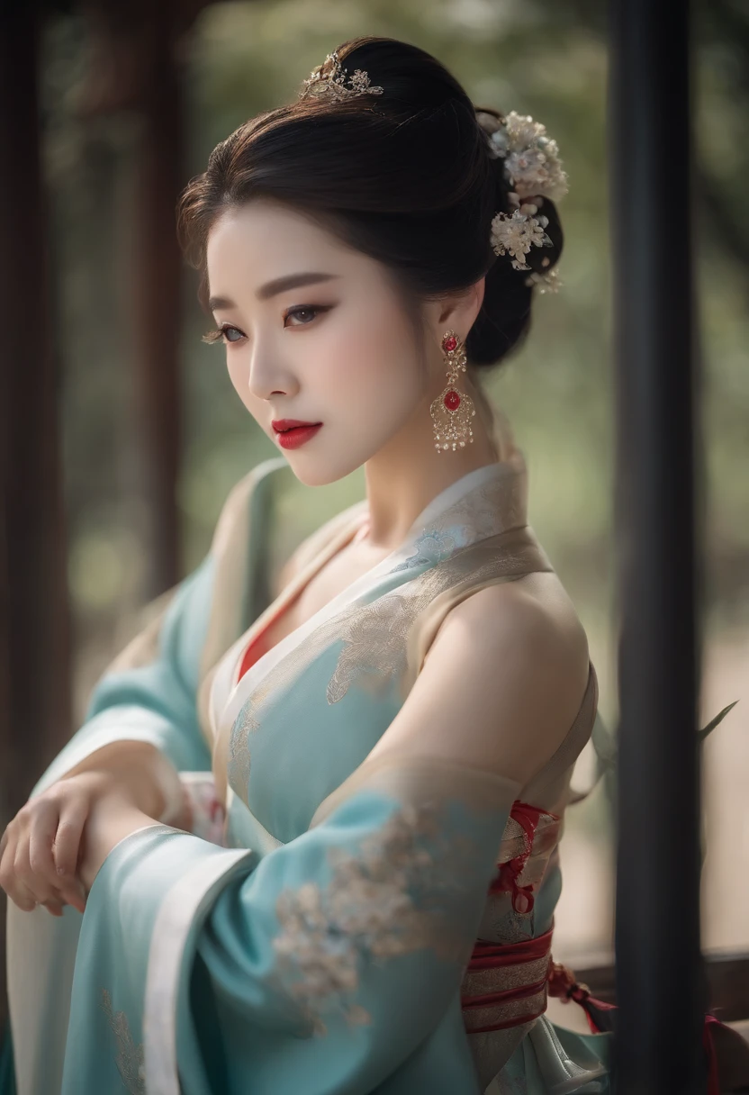 Masterpiece, Highest quality, solofocus, (Perfect face:1.1), (High detail:1.1),huge-breasted,Open-chested Hanfu
