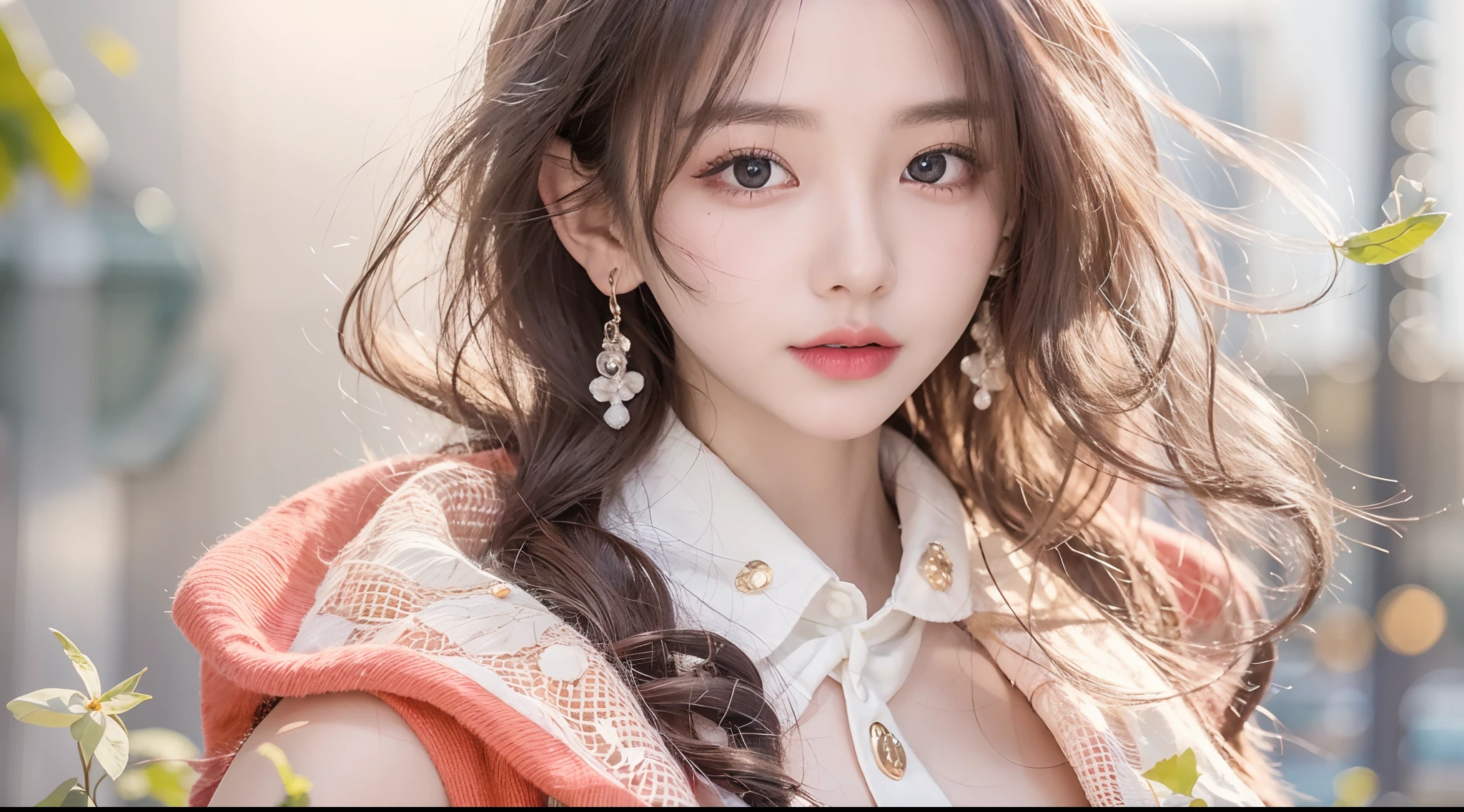 (High-resolution 8K raw photos are realistic,best qualtiy)，Fashion trendy beautiful and charming woman，gentle and charming Chinese beautiful woman，Korea,Kpop idol，delicate and sexy collarbones，charming oval face，二重まぶた，Ingenious[peaches]flower eyes，redish pink lips，small-nose，exposed bare shoulders，focus at face，closeup of face，Hyper-detailing，The shirt pattern is tight，Light shawl small coat，White hip wrapped skirt，Light red hair，Background bokeh，cleavage，long leges，(Seven-doppelganger shot，中景 the scene is，Solo：1.4)，Lace，lacing，head gear， Fresh and impressive， natural color，(pedestrian street，cbd,rays of sunshine，outside，LV shoulder bag for women，cellular phone)，Front light，Sitting on the side of the street，deck chair