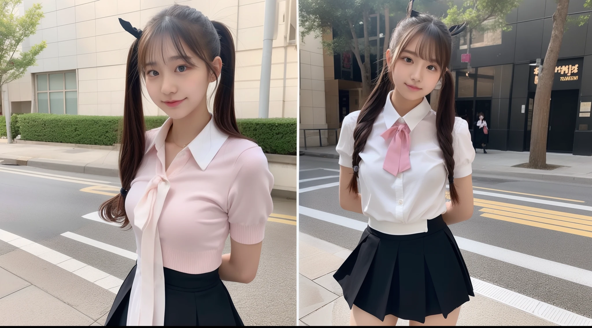 a closeup, ​masterpiece, top-quality, FULL ANATOMY、Raw foto, Photorealsitic、(Cute little face:1.8)、(Very cute smile:1.7)、(with round face:1.9)、(She looks like an idol and is cute:1.7), A dark-haired、(brightly colored school uniforms:1.7), depth of fields, hight resolution, ultra-detailliert, finely detail, ighly detailed, extremely detailed eye and face, Realistic pupils, foco nítido, Cinematic lighting、18-year-old woman、(One lady、独奏:1.7)、 (poneyTail、curlyhair)、Very detailed 8k wallpaper、Show me your whole body、Looking at the camera、(Too short plaid pleated skirt、I can see my panties、Plump panties、Lift the hem of the skirt with both hands、Showing her panties to the camera:1.7）、(Pink Fishnet Stockings)、is standing、Angle from below、(Thigh close-up:1.6)、(Nice figure、big breasts thin waist)、(Clothes with emphasized chest bulge、Colossal tits:1.3)、depth of fields、Bokeh in the background