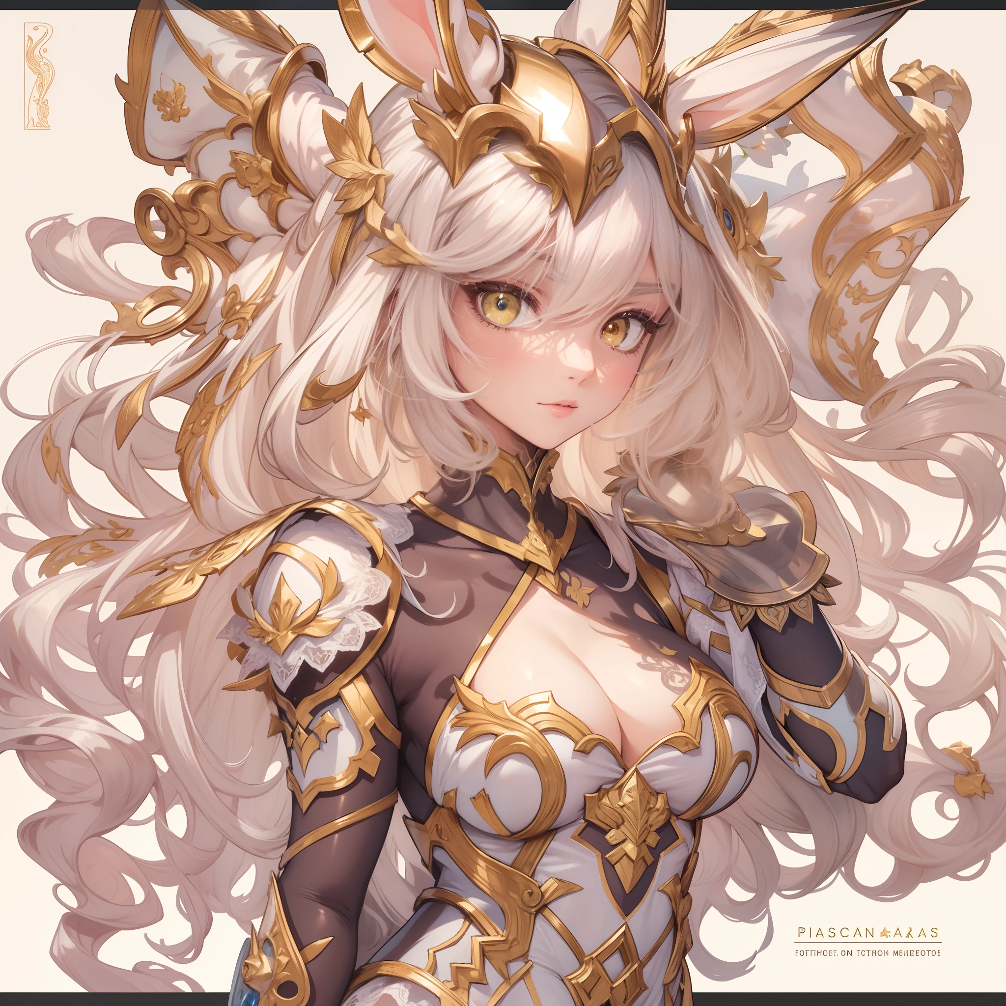 Masterpiece, Highest quality, Detailed face, CharacterDesignSheet,perfectly proportions,full bodyesbian,Full of details, Multiple poses and expressions, Highly detailed, Beautiful paladin girl,beautidful eyes,Wear a rabbit outfit,golden colored,Star decoration,Lace,lacepantyhose, High Balance,Natural light