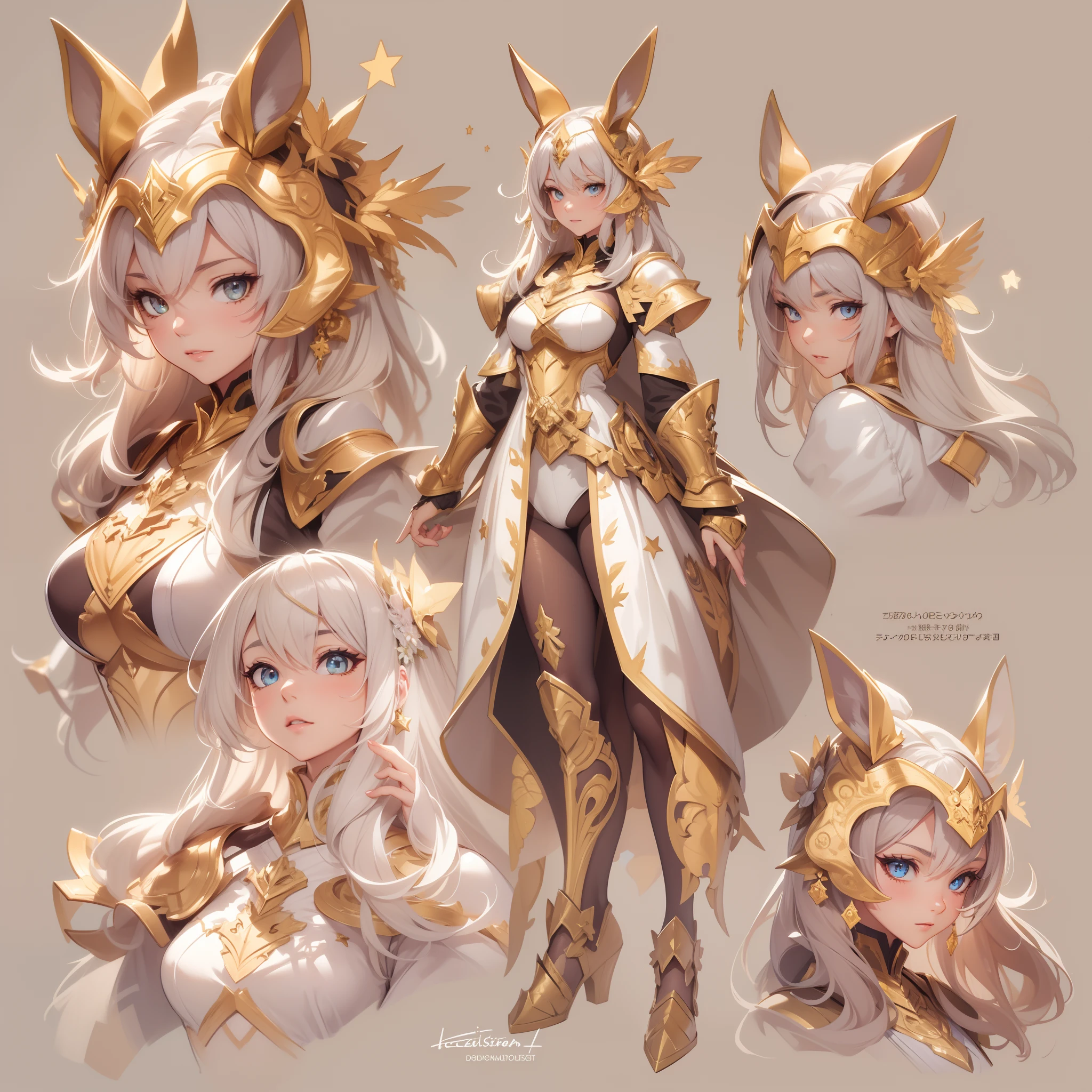 Masterpiece, Highest quality, Detailed face, CharacterDesignSheet,perfectly proportions,full bodyesbian,Full of details, Multiple poses and expressions, Highly detailed, Beautiful paladin girl,beautidful eyes,Wear a rabbit outfit,golden colored,Star decoration,Lace,lacepantyhose, High Balance,Natural light