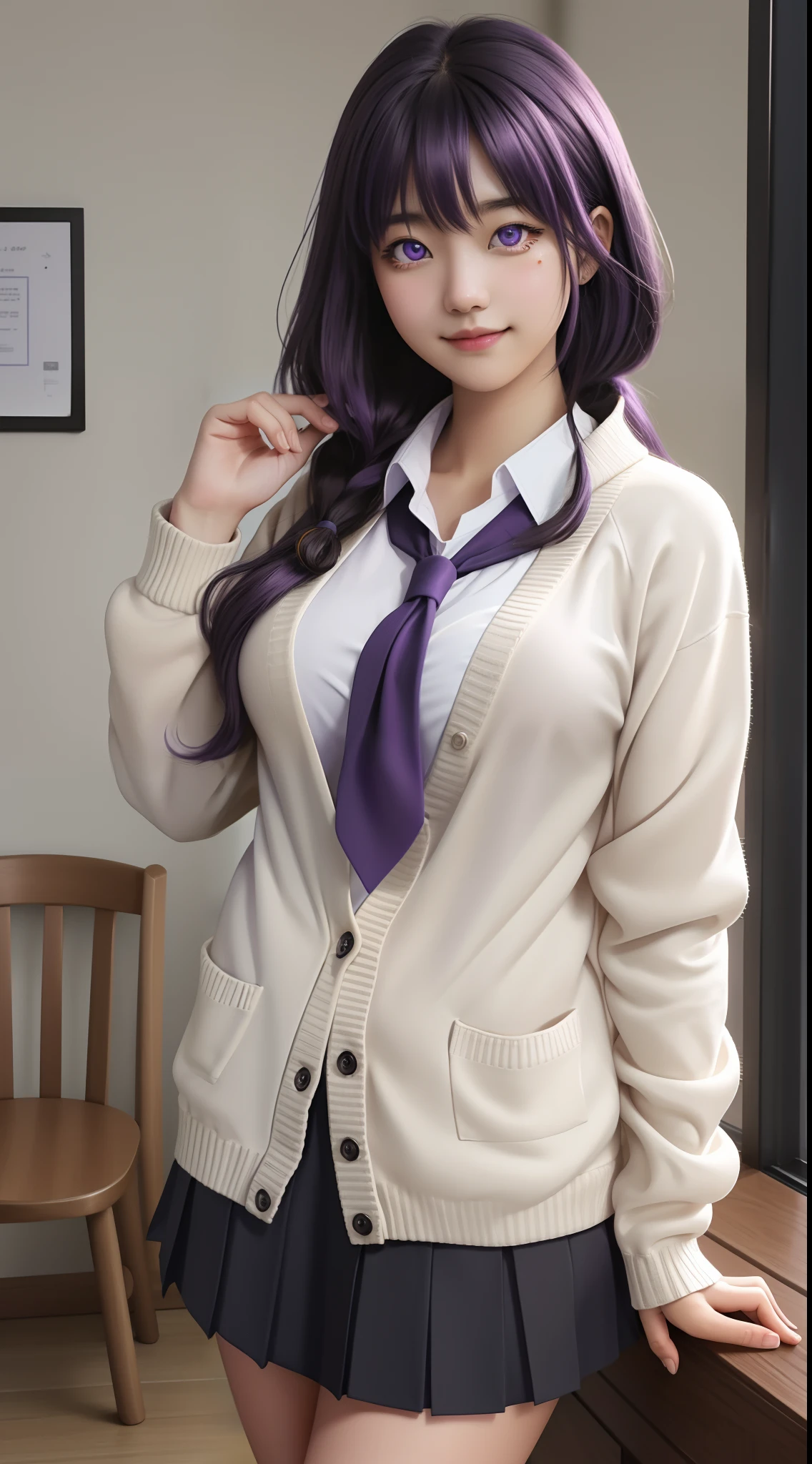 Nagisa Kubo, long hair, black sailor collar, school uniform, purple hair, purple eyes, white shirt, red scarf, black pleated skirt, serafuku, (brown cardigan:1.1), open cardigan, long sleeves, one side up, indoors, bob cut, (large breasts:1.2), BREAK outdoors, city, BREAK looking at the viewer, BREAK (work: 1.2), best quality, high resolution, unity 8k wallpaper, (illustration:0.8), (beautiful eye detail:1.6), highly detailed face, perfect lighting, highly detailed CG , (perfect hands, perfect anatomy), (standing), smiling