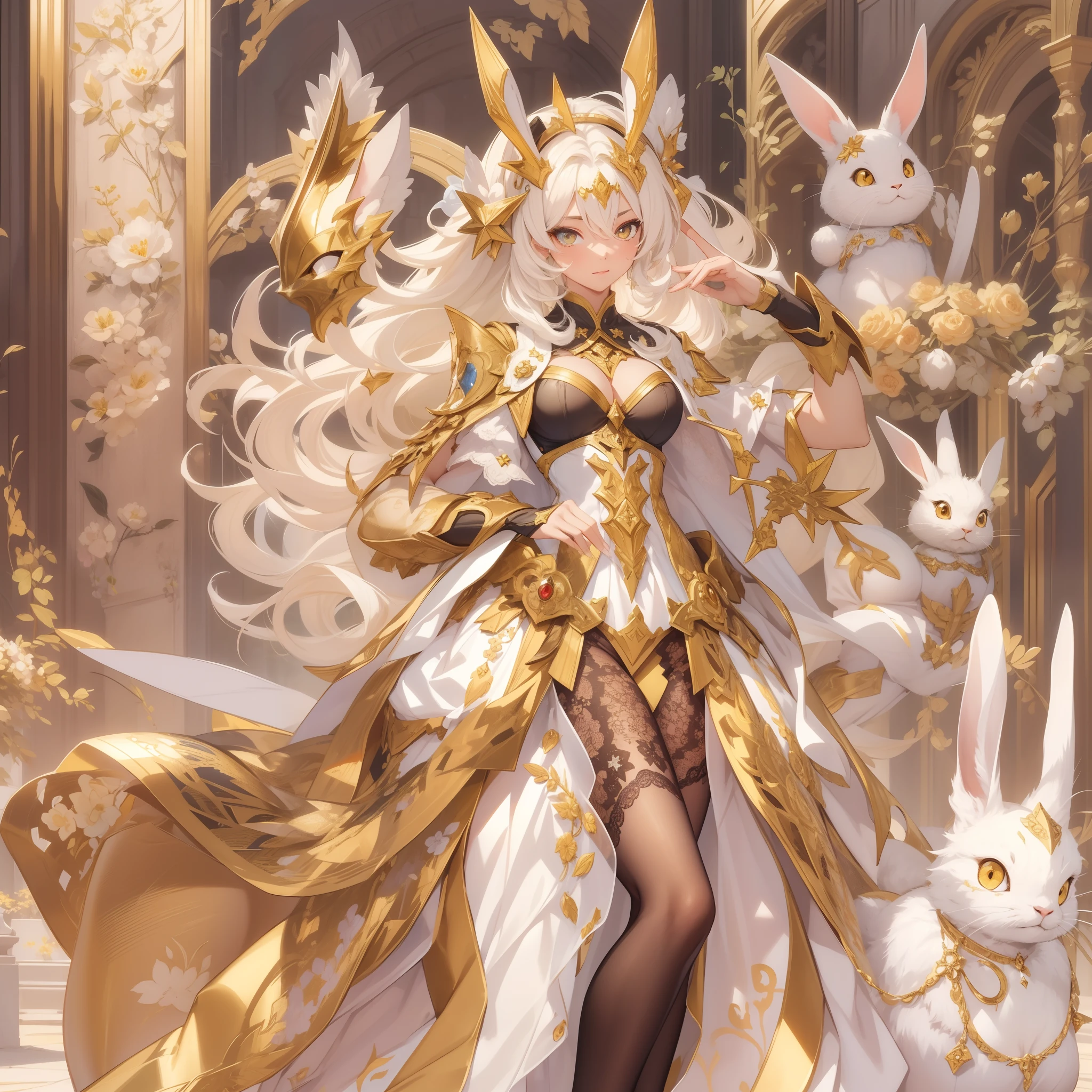 Masterpiece, Highest quality, Detailed face, CharacterDesignSheet,perfectly proportions,full bodyesbian,Full of details, Multiple poses and expressions, Highly detailed, Beautiful paladin girl,beautidful eyes,Wear a rabbit outfit,golden colored,Star decoration,Lace,lacepantyhose, High Balance,Natural light