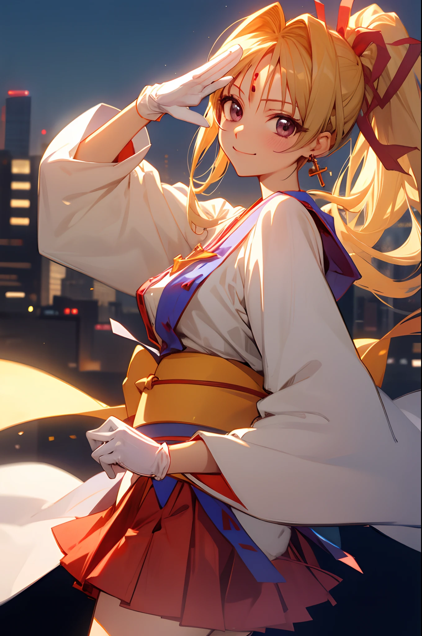 masterpiece, best quality, kaitou jeanne, earrings, ponytail, hair ribbon, cross, japanese clothes, sash, red skirt, white gloves, cowboy shot, looking at viewer, smile, closed mouth, looking at viewer, from side, salute, city skyline