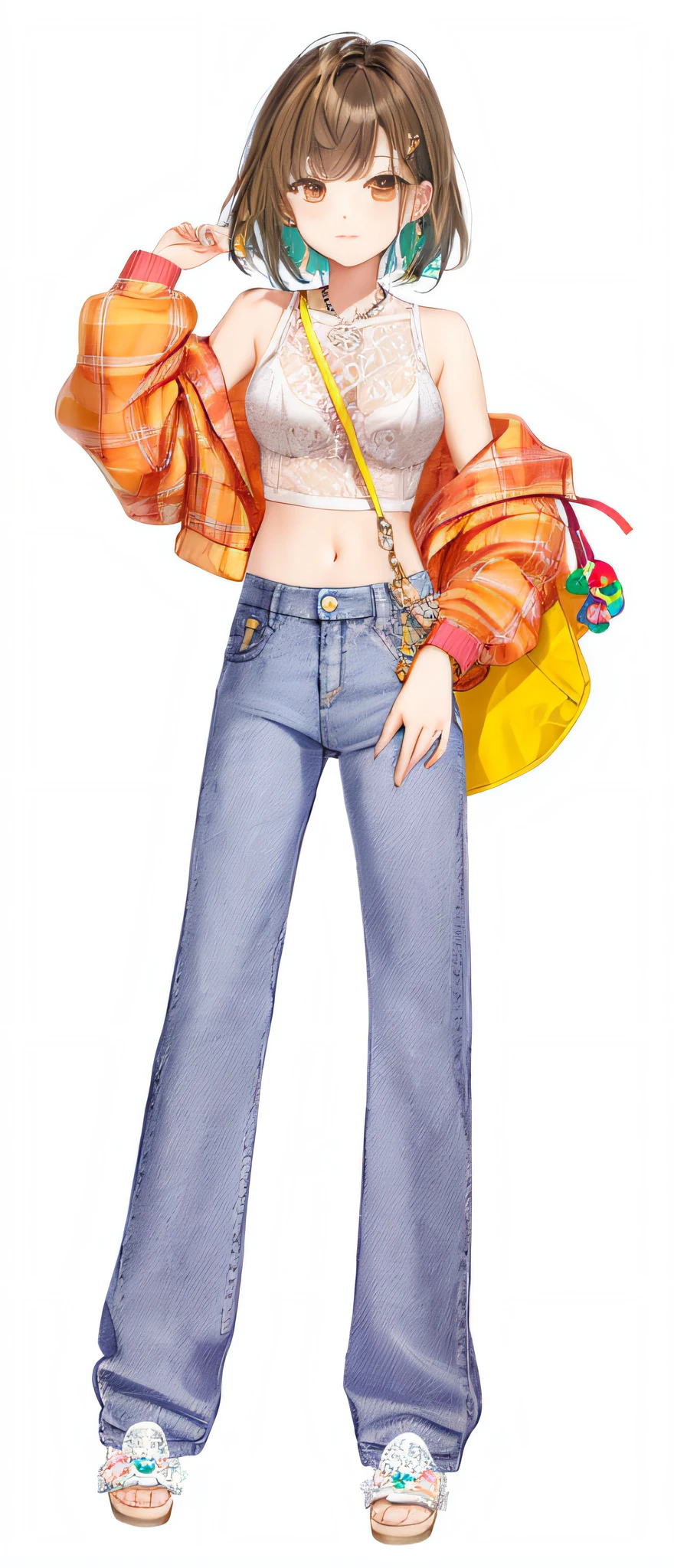 Pubic area is clear,filigree,Orange plaid coat,denim pant