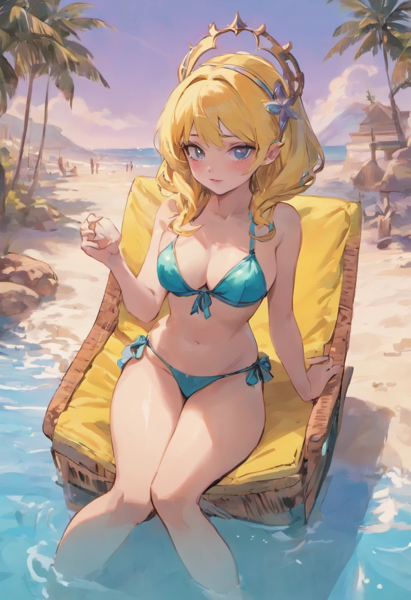 Evil Queen from snow white and the seven dwarfs wearing a bikini and sitting at the beach on a lawn chair