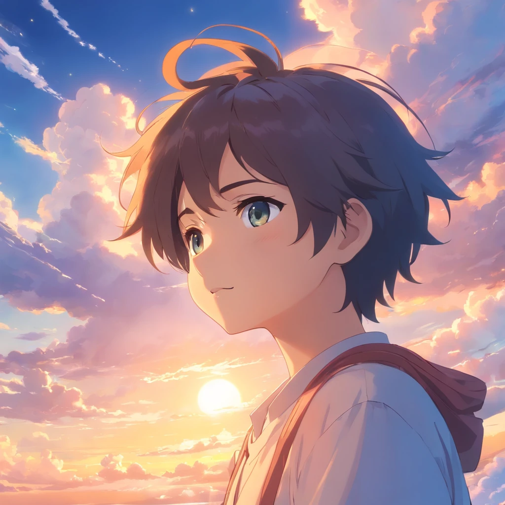 Masterpiece, Best Quality, Movie Stills, 1boy, Cloud Boy, Floating in the Sky, Close-up, Bright, Happy, Warm Soft Light, Sunset, (Sparkle: 0.7)