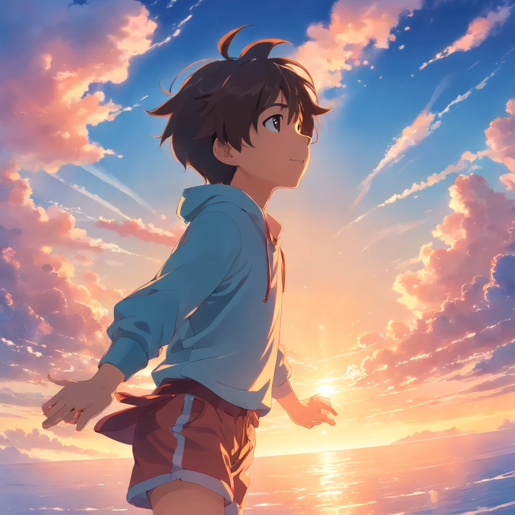 Masterpiece, Best Quality, Movie Stills, 1boy, Cloud Boy, Floating in the Sky, Close-up, Bright, Happy, Warm Soft Light, Sunset, (Sparkle: 0.7)