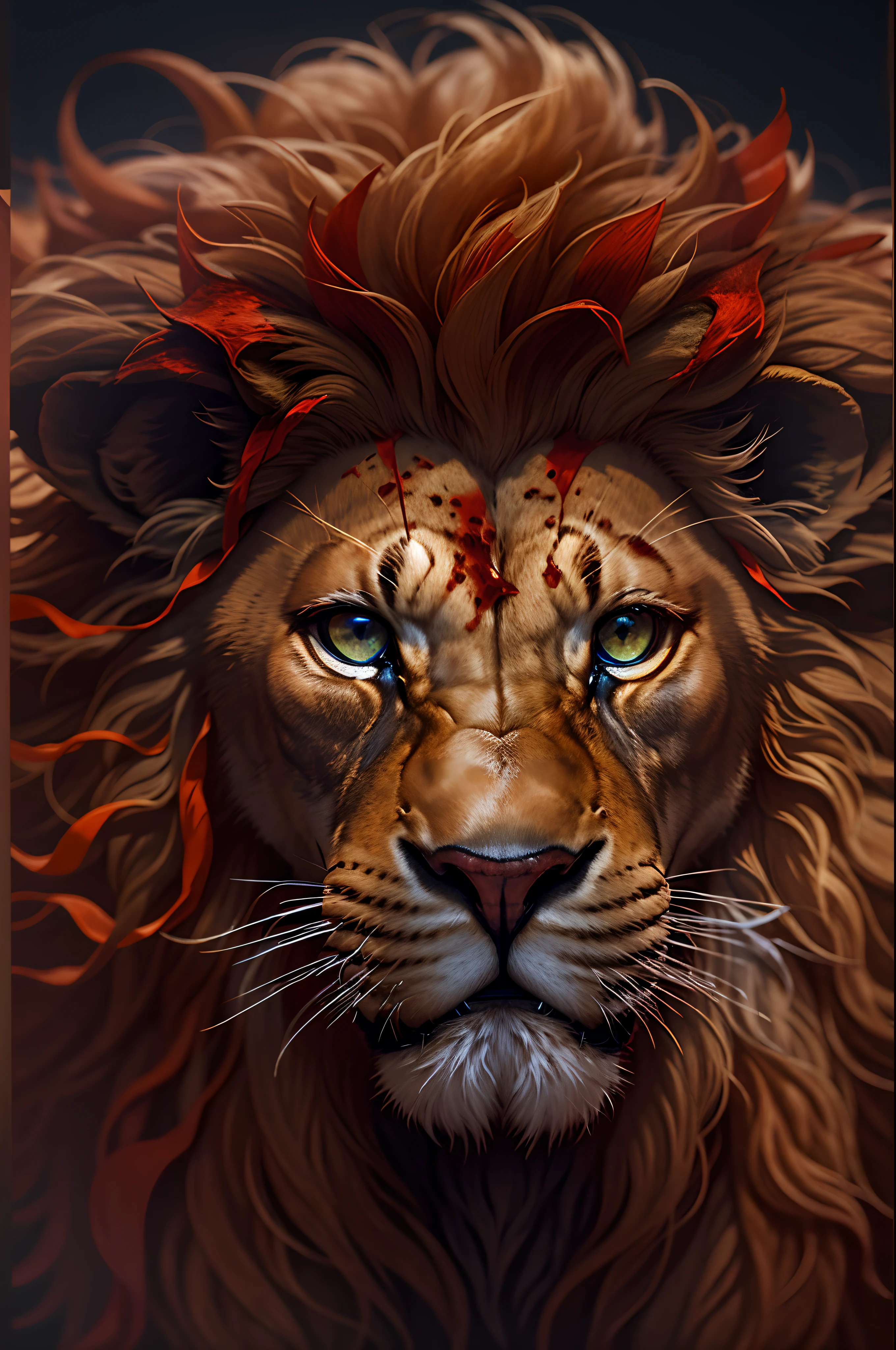 please create a lion's head cut off and oozing blood, vista lateral, imagem realista com detaliamento maximo, qualidade superior, nitidez maxima, 8k, imagem cinematografica