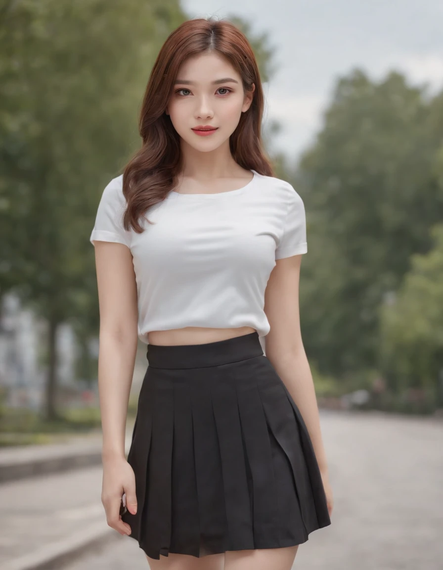 ((masterpiece)), (best quality), official art, extremely detailed CG, unity 8k wallpaper, ultra detailed, highly detailed, detailed background, vivid color, photorealistic, perfect lighting, best illumination, 1girl, prettye girl, supermodel, (mathayom uniform), white shirt, short sleeves, (black pleated skirt) , (miniskirt:1.5), belt