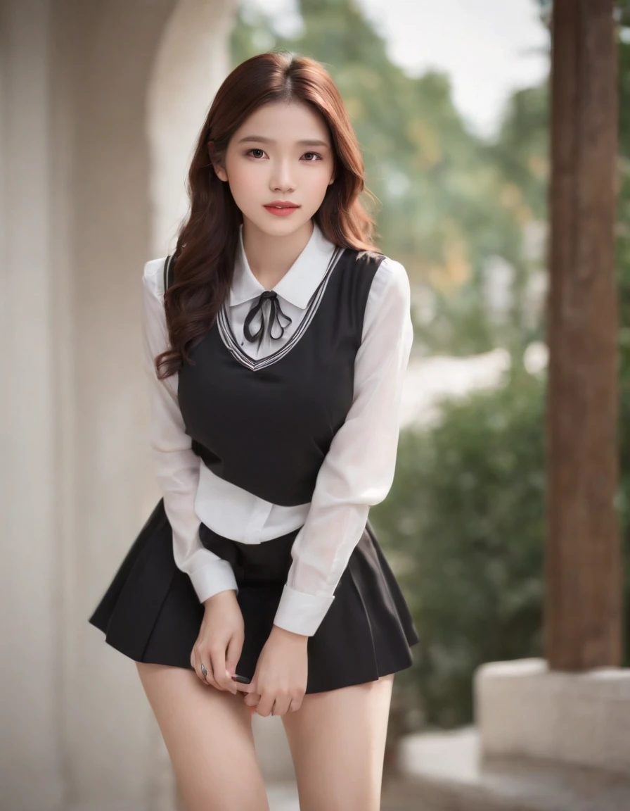 ((masterpiece)), (best quality), official art, extremely detailed CG, unity 8k wallpaper, ultra detailed, highly detailed, detailed background, vivid color, photorealistic, perfect lighting, best illumination, 1girl, prettye girl, supermodel, (mathayom uniform), white shirt, short sleeves, (black pleated skirt) , (miniskirt:1.5), belt