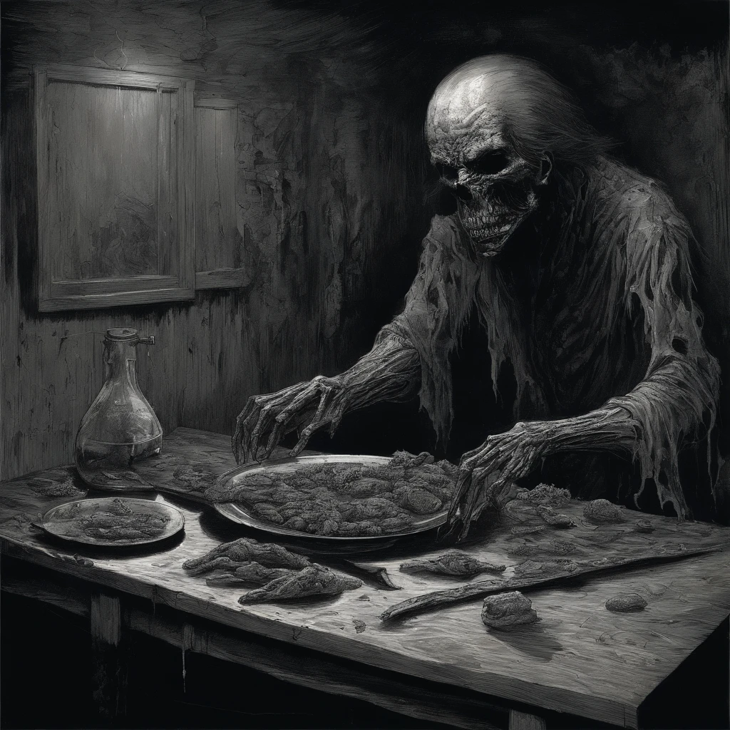 "  disgusting vomiting and nasran in the plate, Painting by Beksinsky, Bernie Wrightson, Trending on ArtStation, horrorporn film, creepypasta"He'll eat it all.nowhere to go