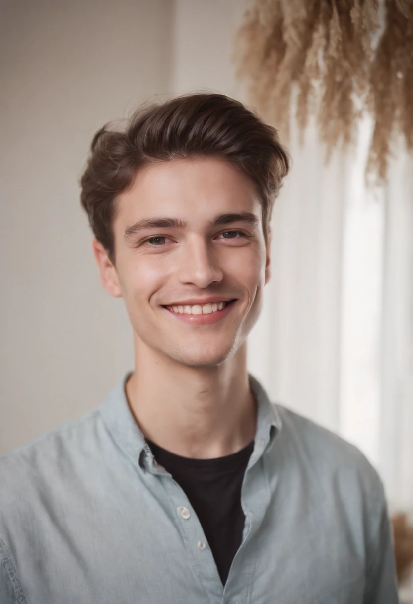 realistic photo, a young men smiling at a party, photography taken with flash, white background white wall of home portrait analog photography, grain film, vintage photo, in the style of lo-fi aesthetics,upper body
