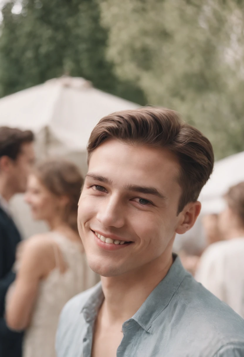 realistic photo, a young men smiling at a party, photography taken with flash, white background white wall of home portrait analog photography, grain film, vintage photo, in the style of lo-fi aesthetics,upper body
