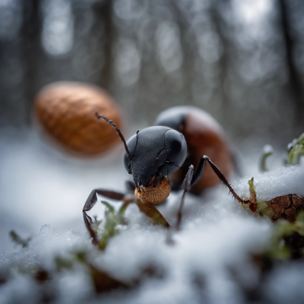 an ant holds an acorn in the snowy forest